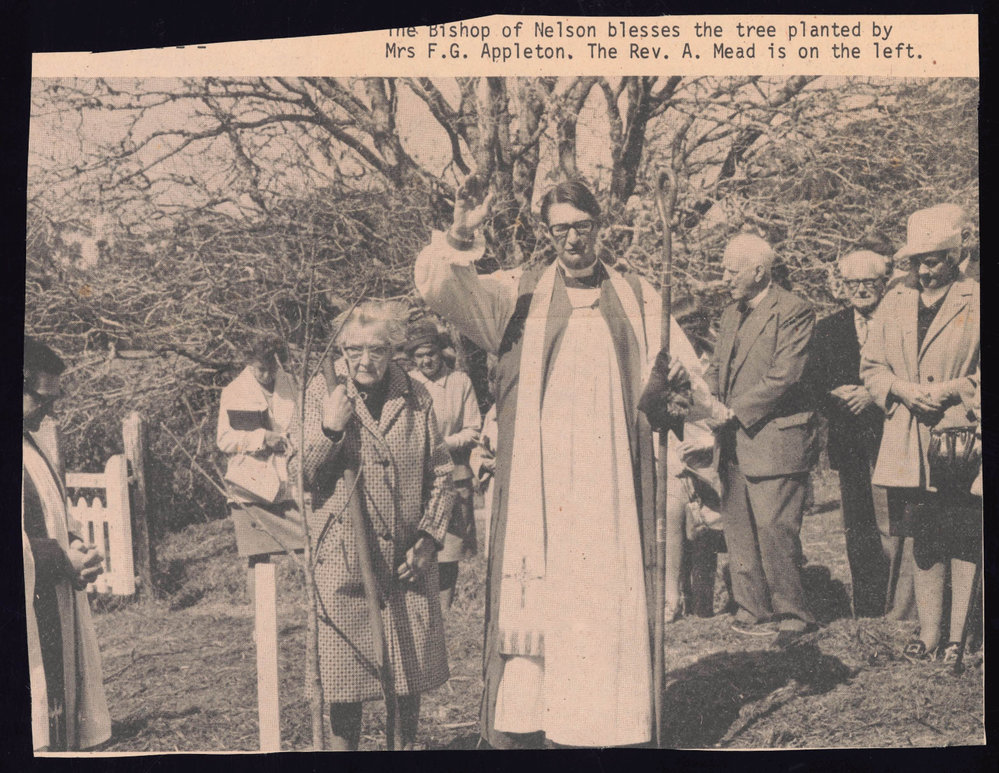 Bishop of Nelson blesses the tree planted by Mrs F.G. Appleton