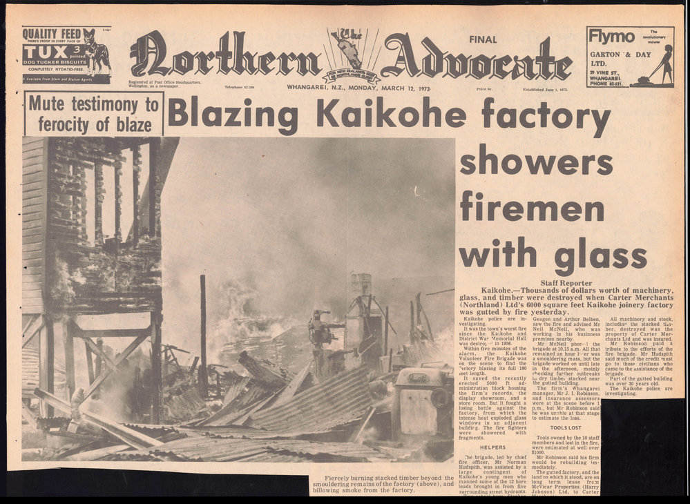 Blazing Kaikohe factory showers firemen with glass