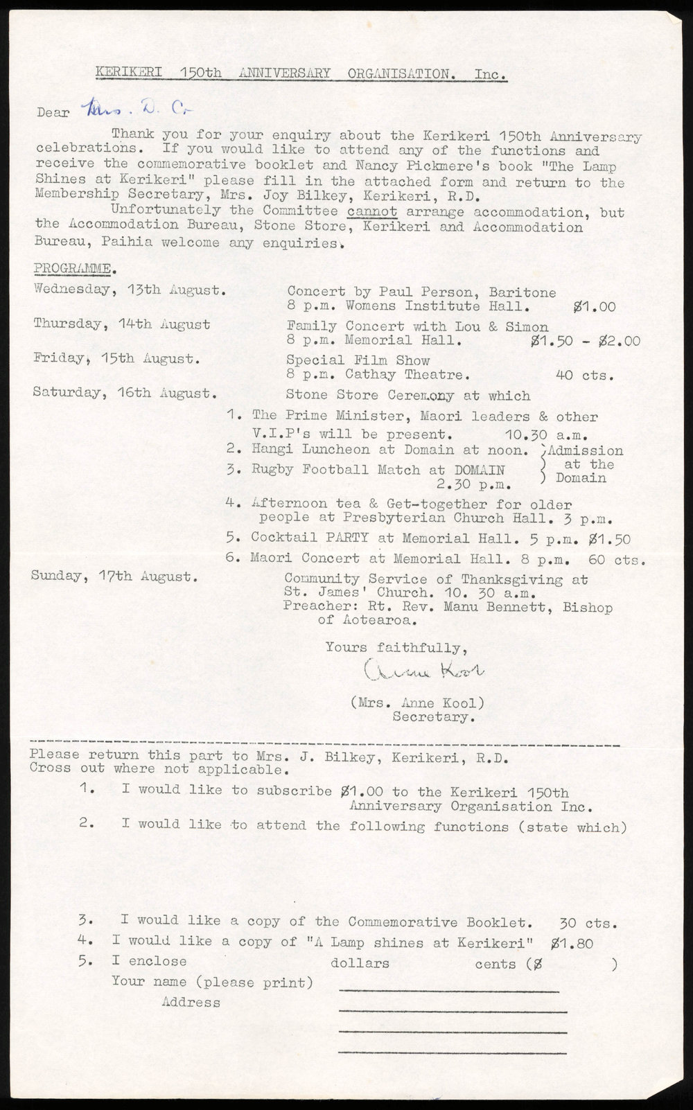 Invitation to Kerikeri 150th anniversary events and replies