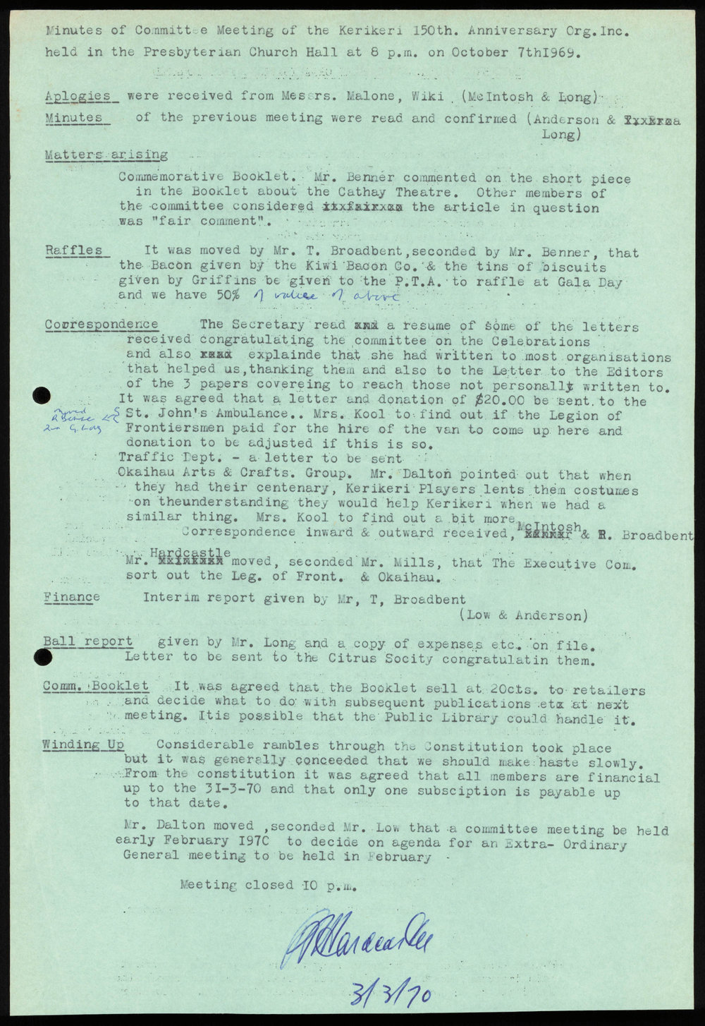 Minutes of Committee Meeting of the Kerikeri 150th Anniversary Org. Inc.