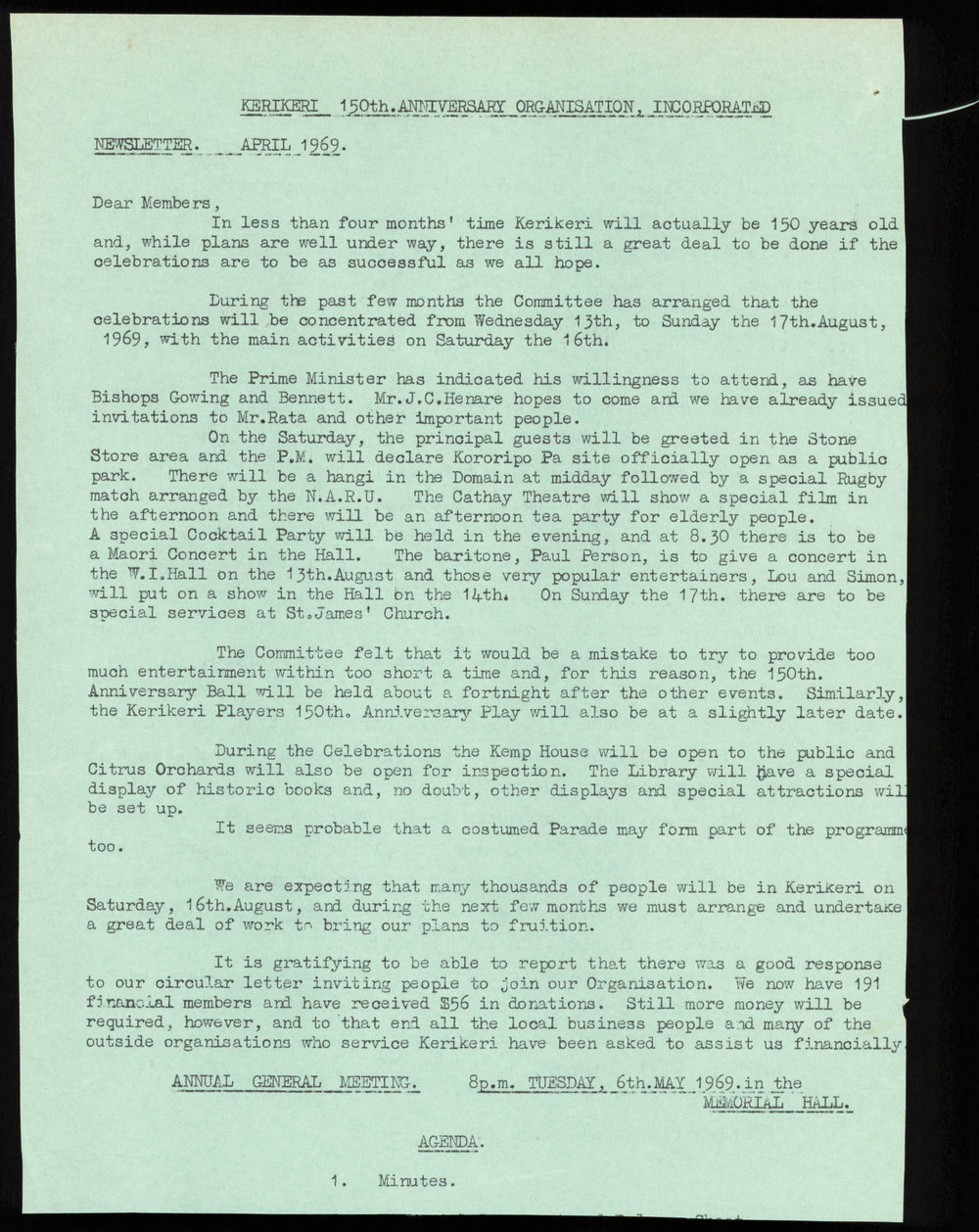 Kerikeri 150th Anniversary Organisation Newsletter April 1969