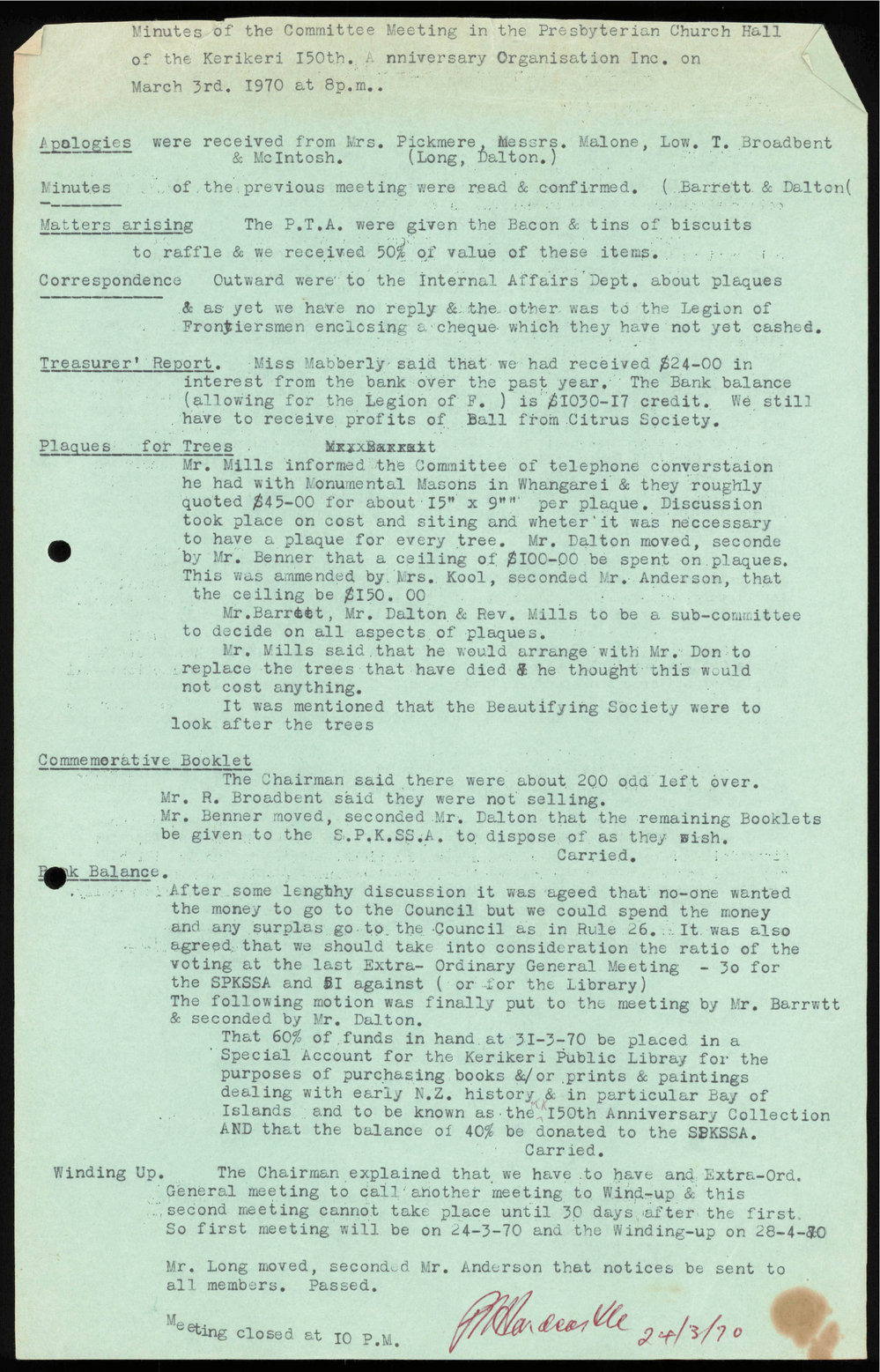 Minutes of Committee Meeting of the Kerikeri 150th Anniversary Organisation Inc; 3 March 1970