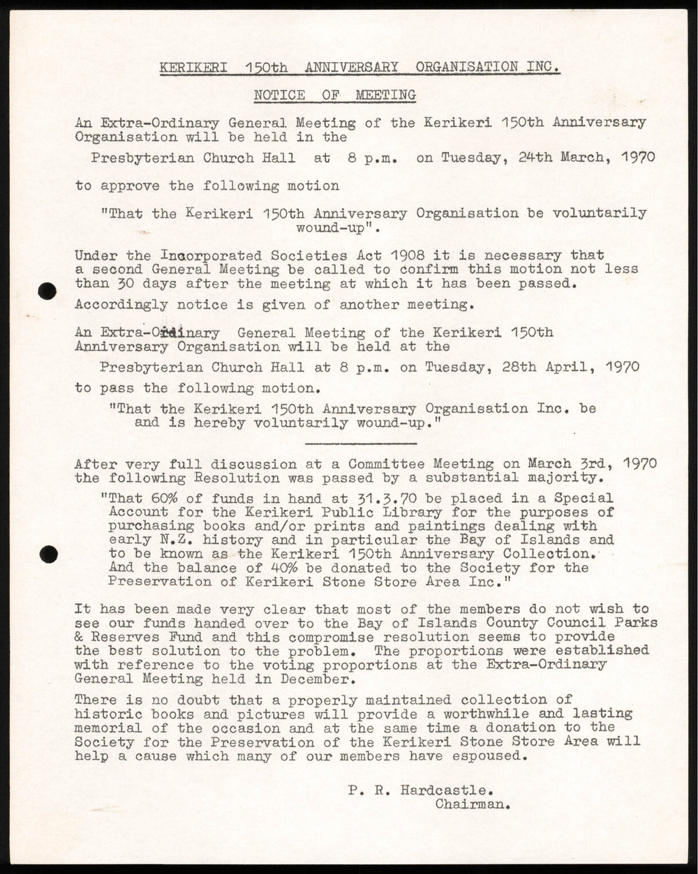 Kerikeri 150th Anniversary Organisation Inc. Notice of Meeting; 24 March 1970