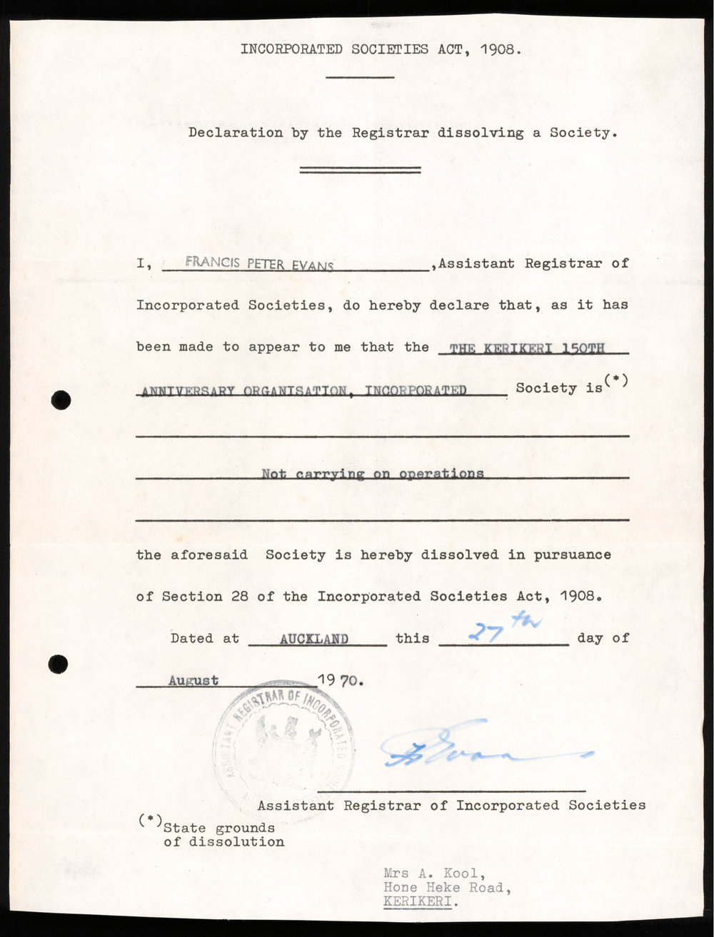 Declaration by the Registrar dissolving a Society