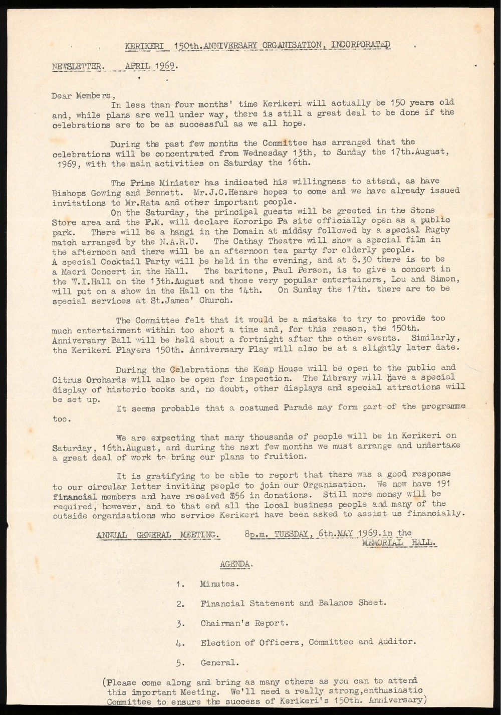 Kerikeri 150th Anniversary Organisation Newsletter April 1969