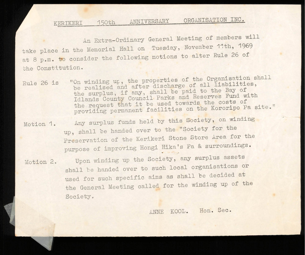 Notice of Meeting : Kerikeri 150th Anniversary Organisation 11 November 1969
