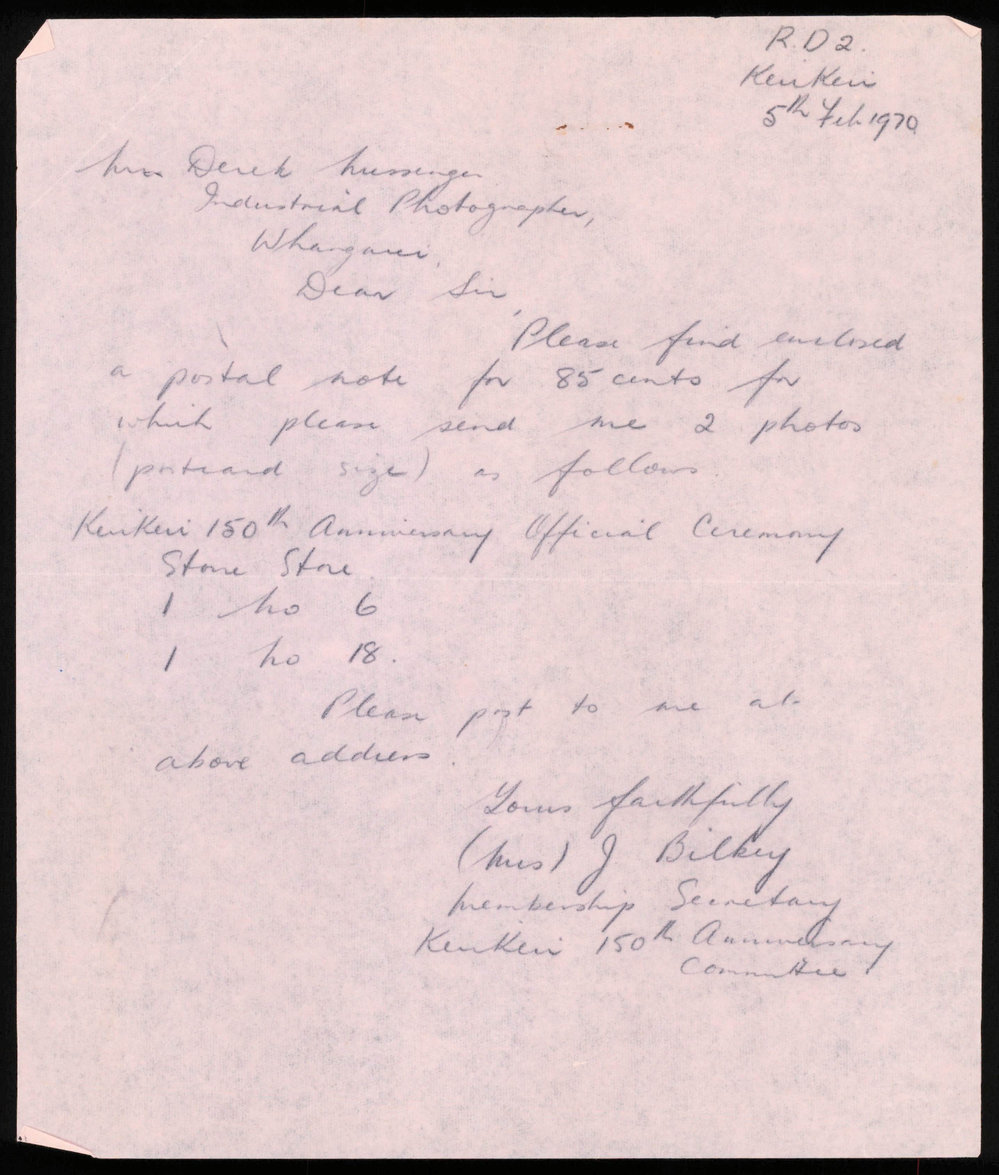 Letter from Joy Bilkey an Industrial Photographer