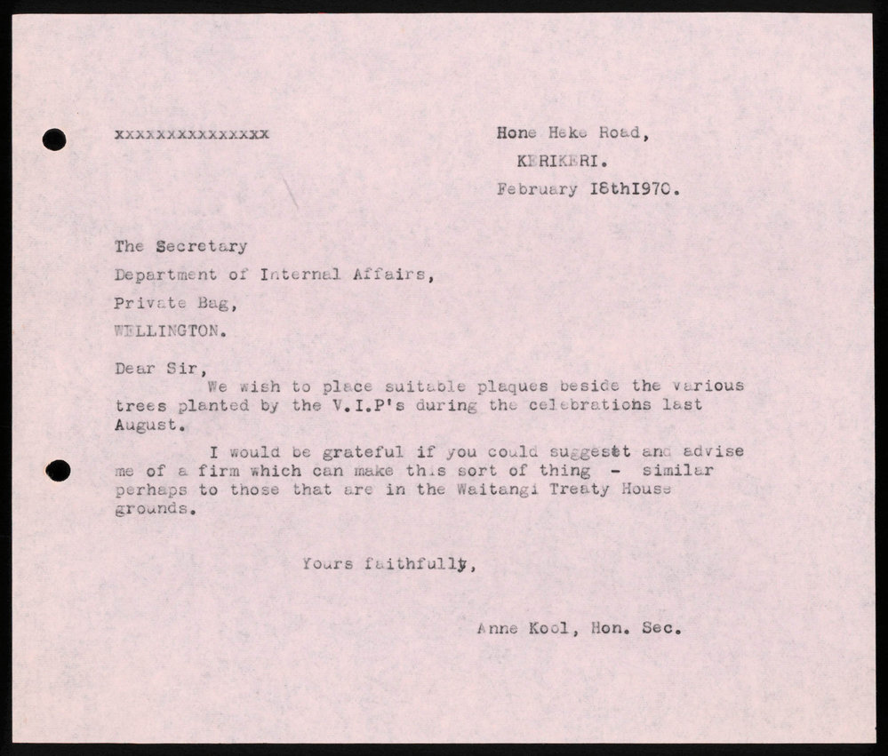 Letter from Anne Kool to the Secretary; Department of Internal Affairs