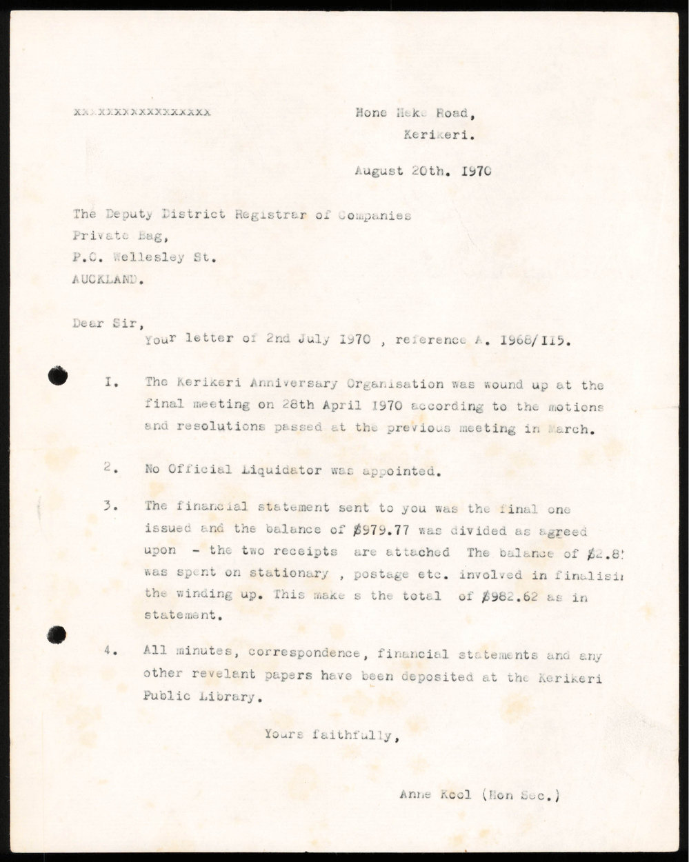 Letter from Anne Kool to The Registrar of Incorporated Societies