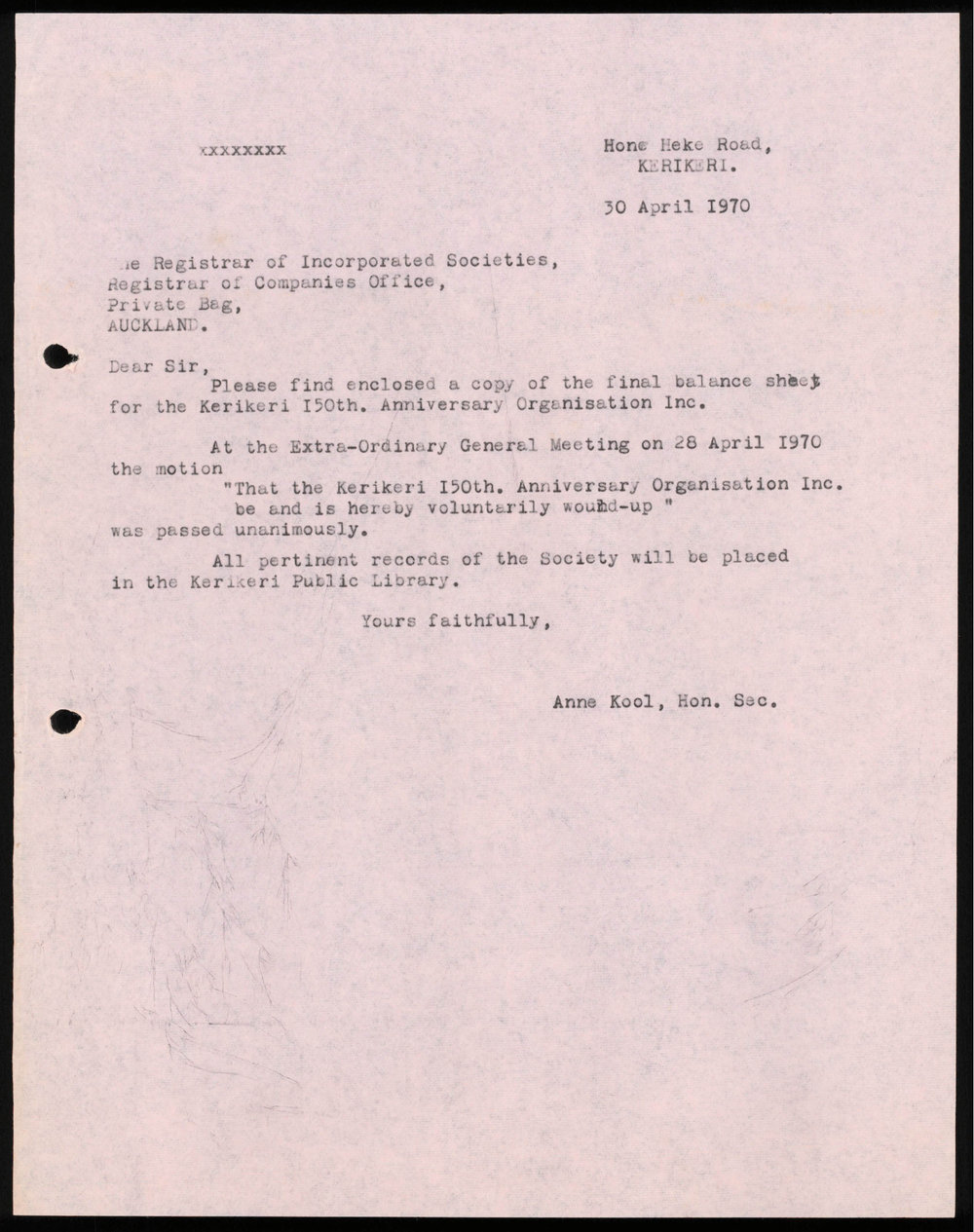 Letter from Anne Kool to The Registrar of Incorporated Societies