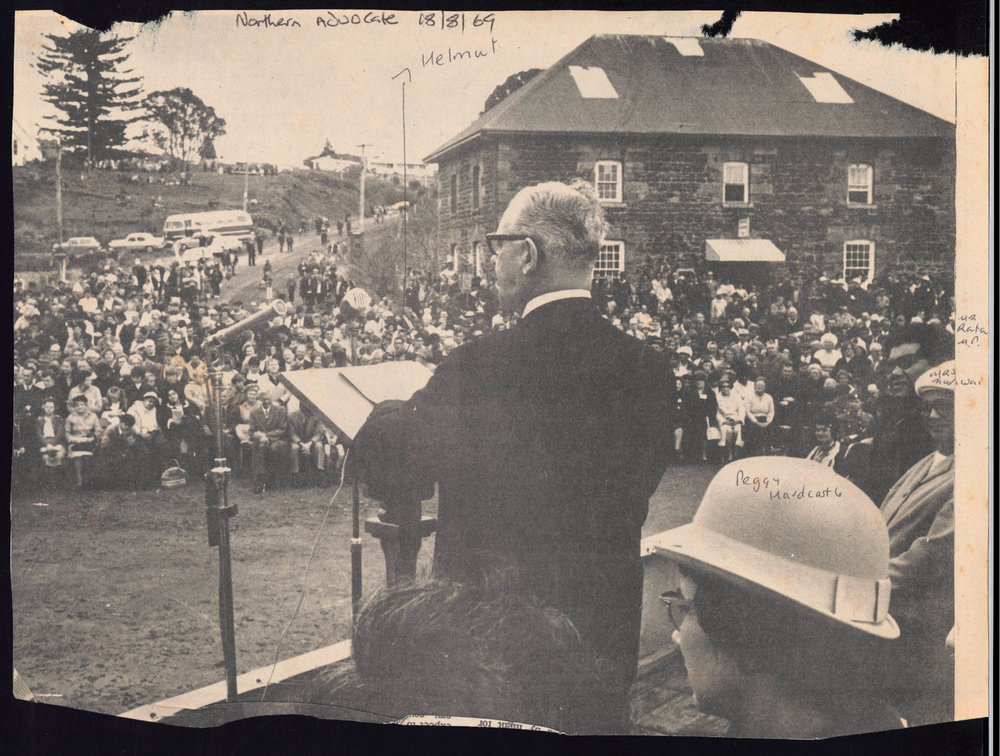 Photograph of speeches at the Stone Store during Kerikeri's 150th Anniversary Celebrations