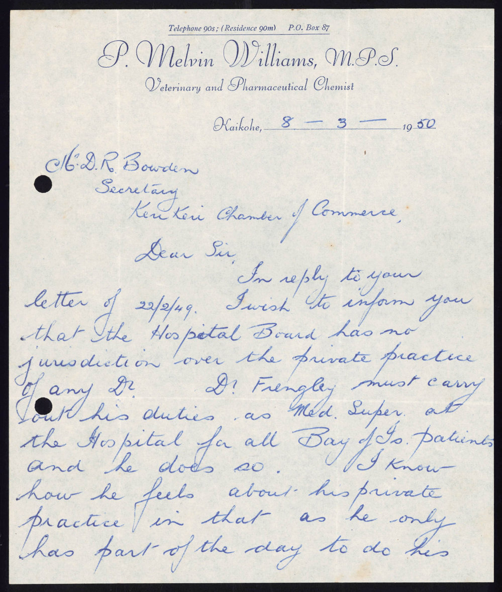 Letter from P. Melvin Williams to D.R. Bowden; The Secetary of the Kerikeri Chamber of Commerce
