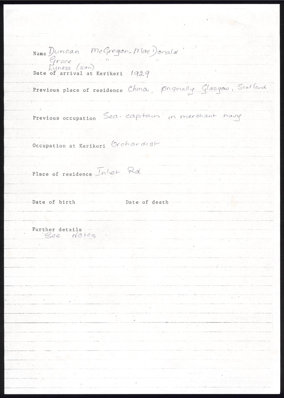 Biographical notes on Duncan McGregor-MacDonald