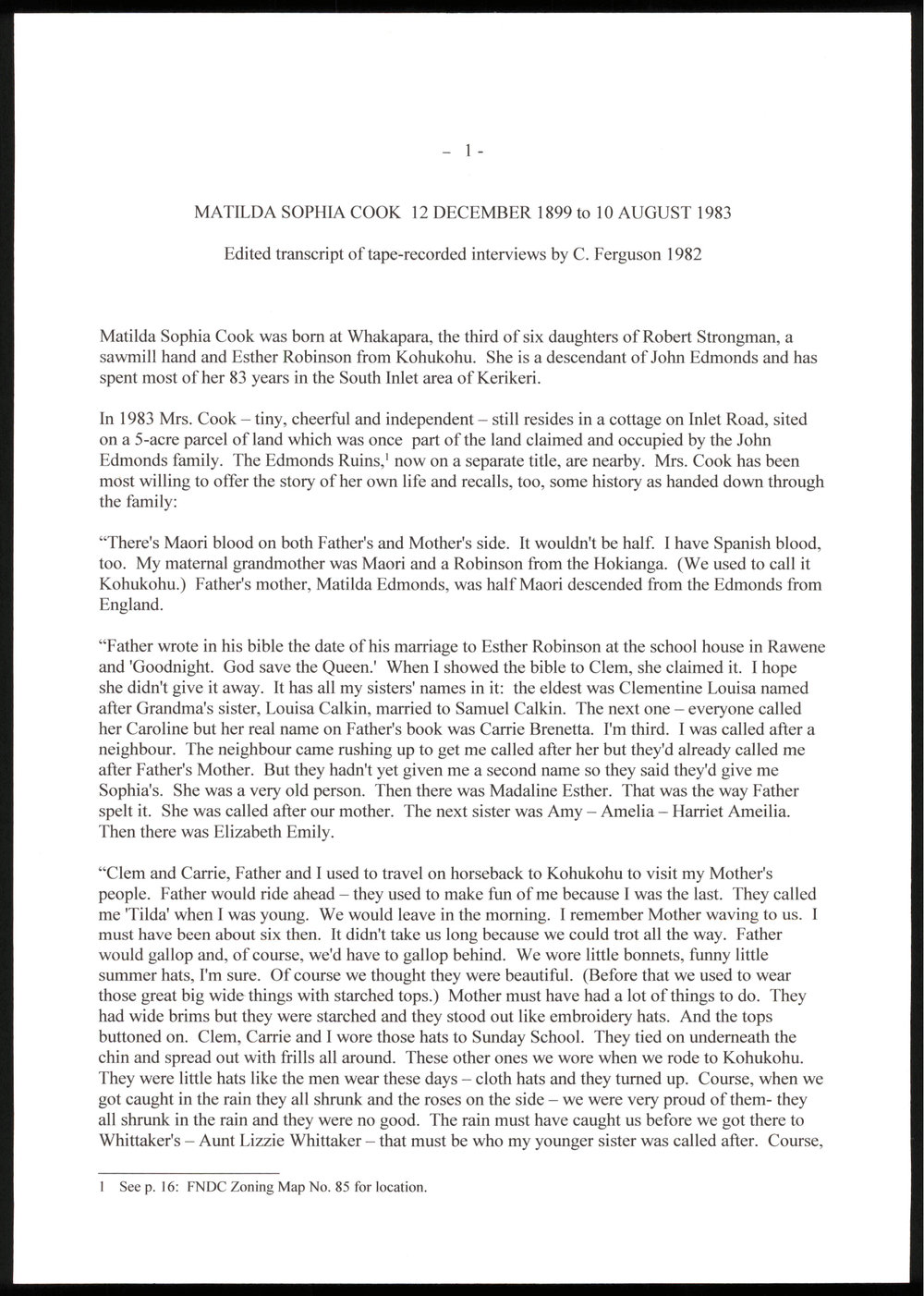 Matilda Sophia Cook 12 December 1899 to 10 August 1983 : Transcript of interviews