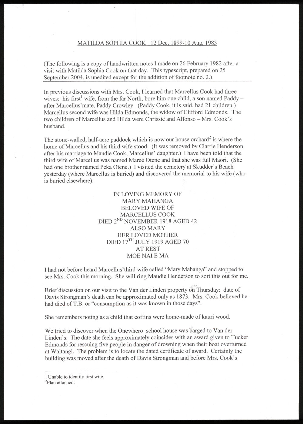Matilda Sophia Cook 12 December 1899 to 10 August 1983 : Notes from a visit