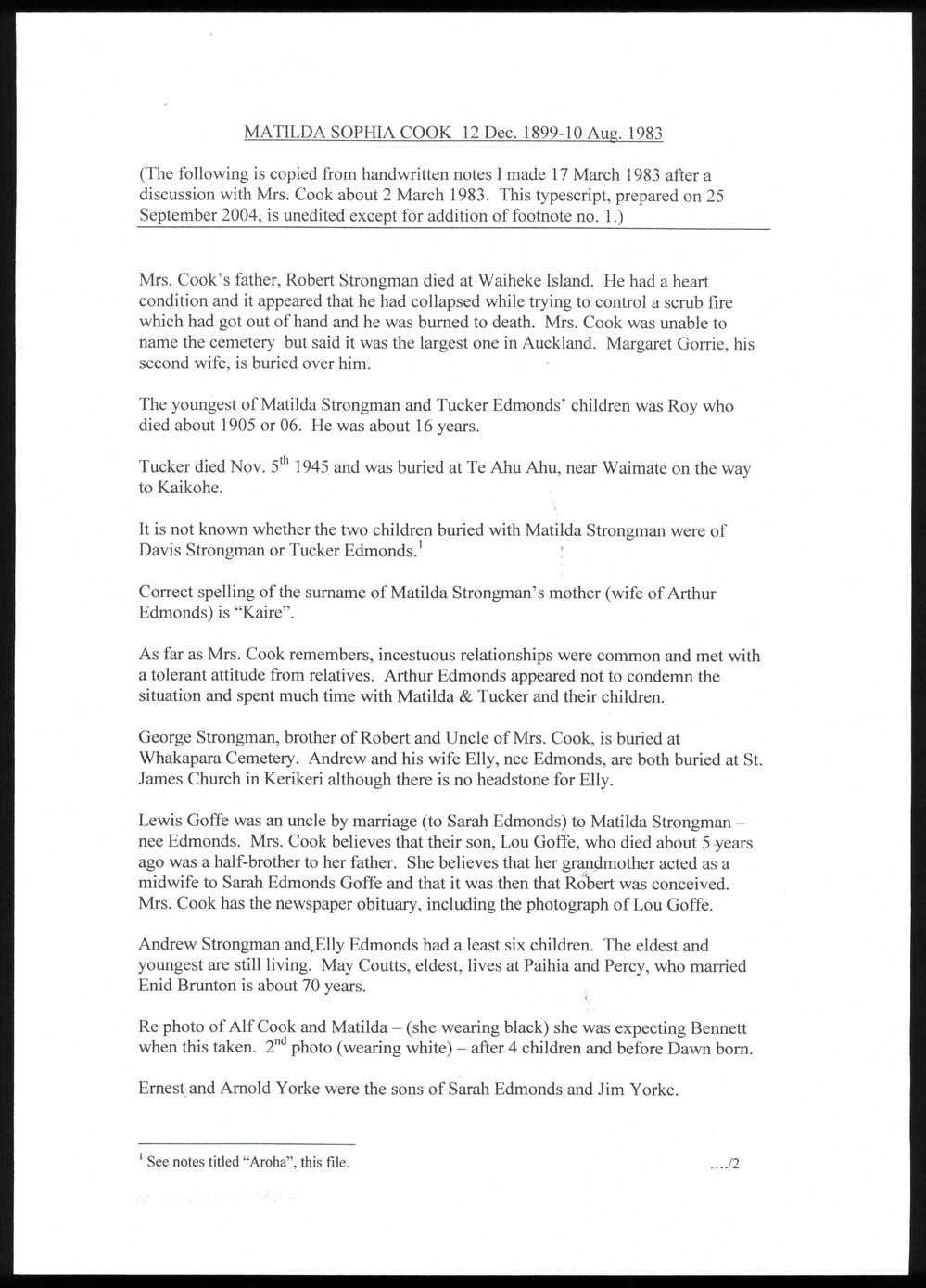 Matilda Sophia Cook 12 December 1899 to 10 August 1983 : Notes about various members of the Strongman; Edmonds and Cook families