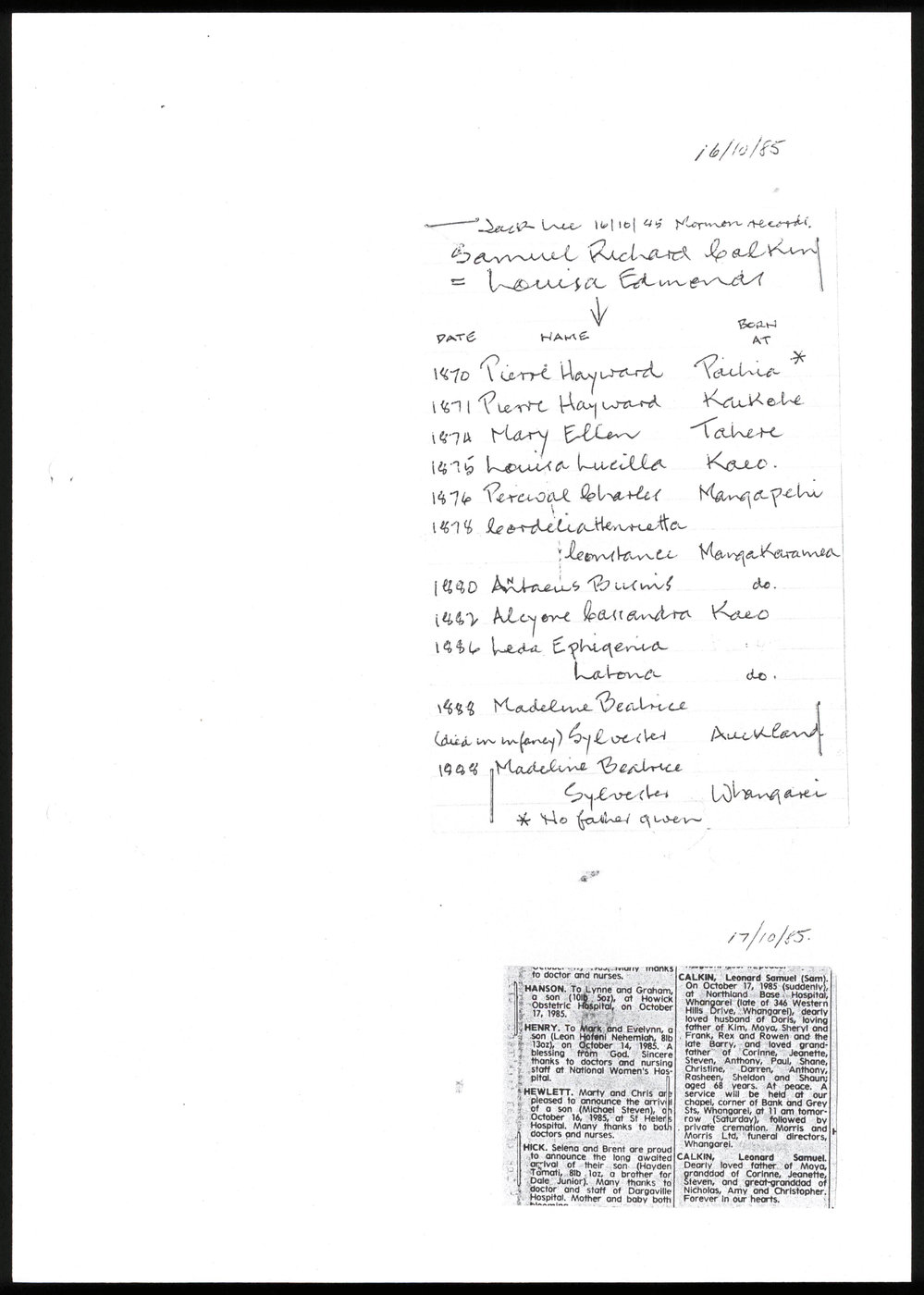 Children of Samuel Richard Calkin and Ruiha Louisa Edmonds