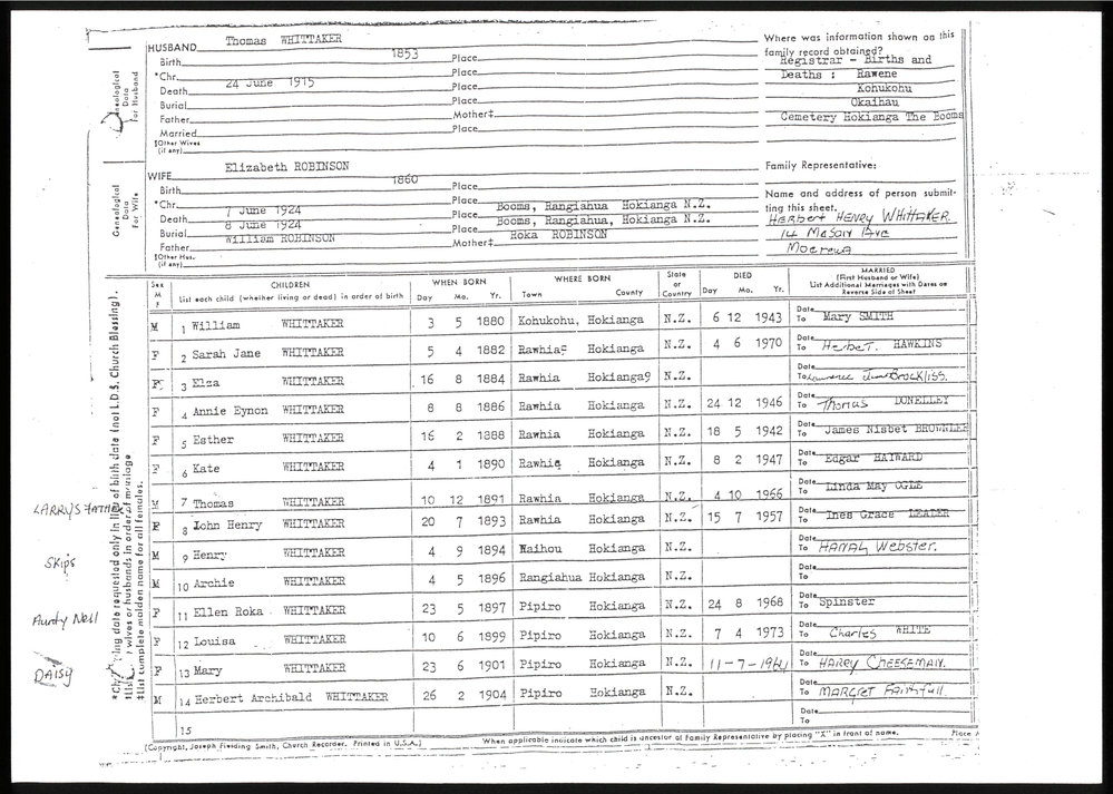 Genealogical family sheet for Thomas Whittaker and Elizabeth Robinson