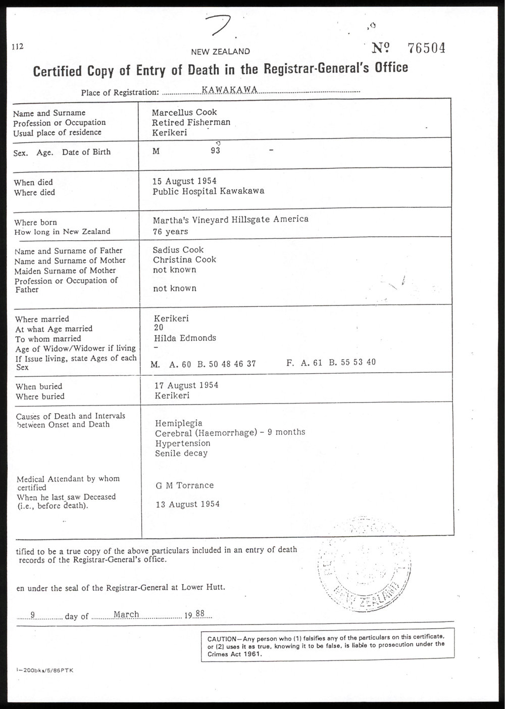 Death certificate of Marcellus Cook