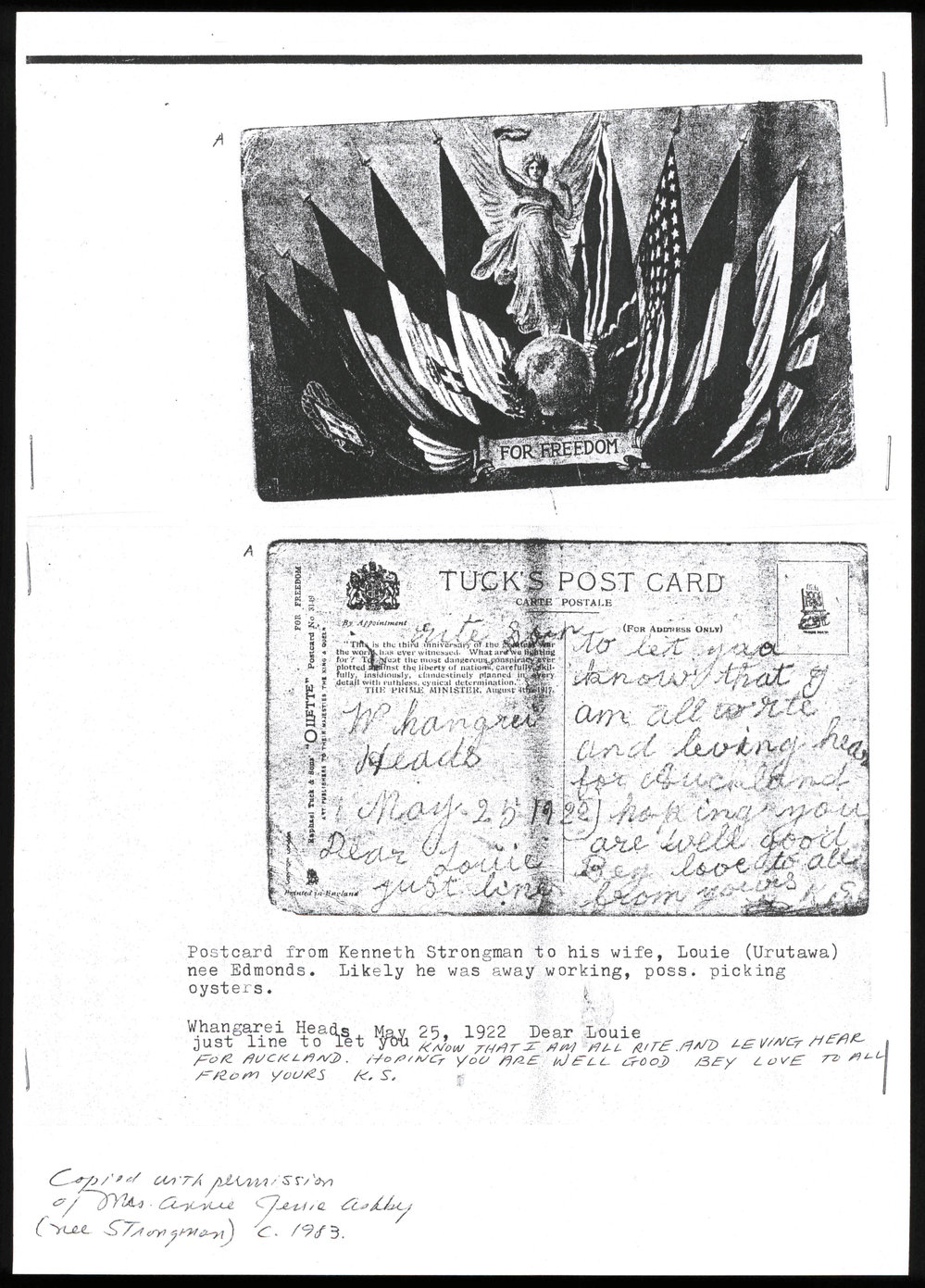 Postcard from Kenneth Strongman to Louie Strongman