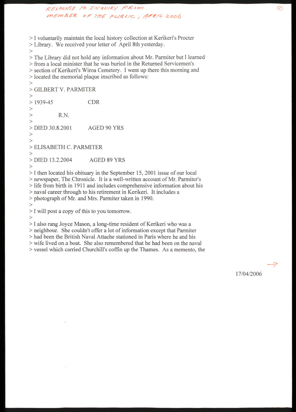 Biographical notes and obituary of Gilbert V. Parmiter