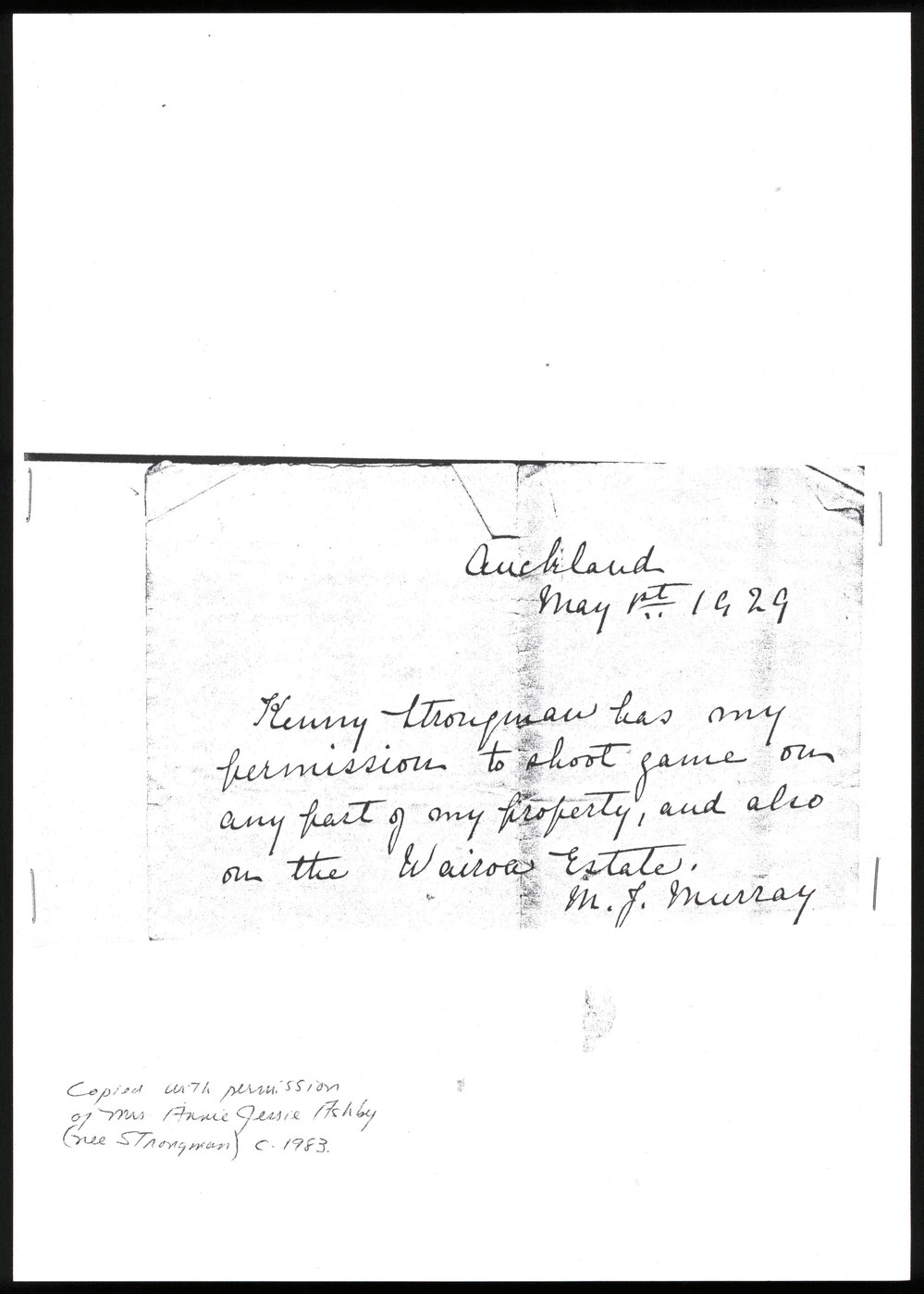 Letter of Permit from M.J. Murray 