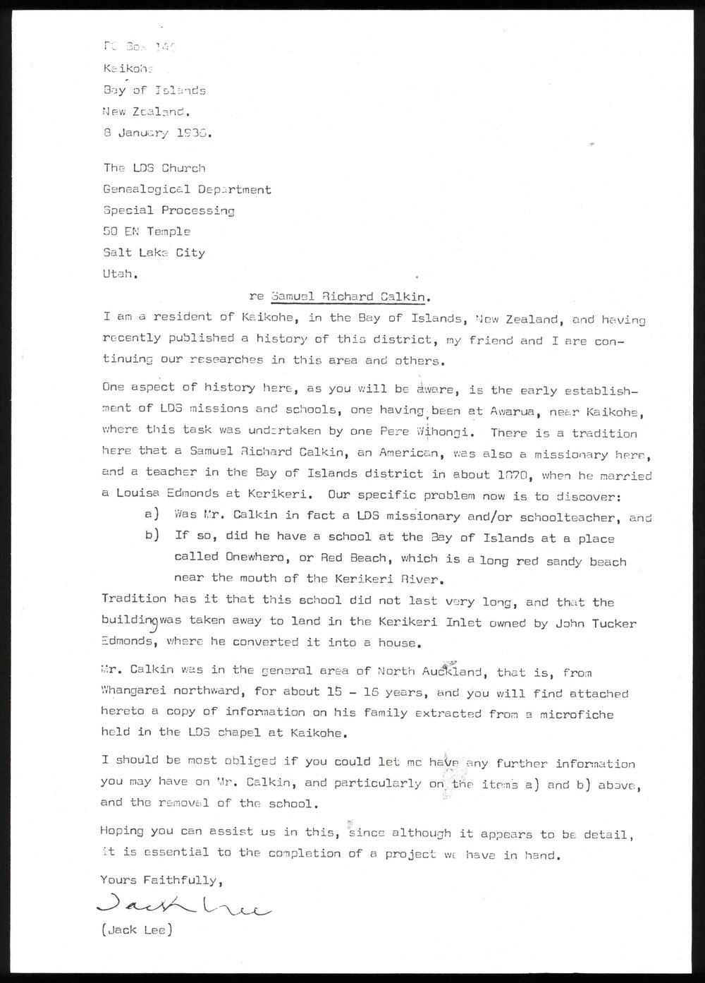 Letter from Jack Lee to the Genealogical Department of the LDS Church