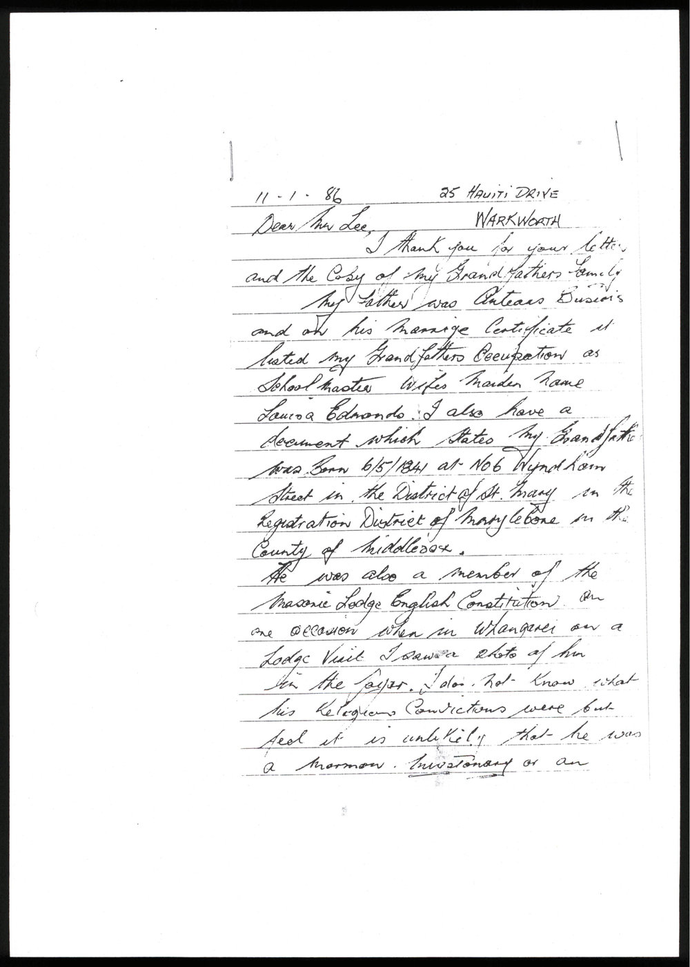 Letter from M. Calkin to Jack Lee