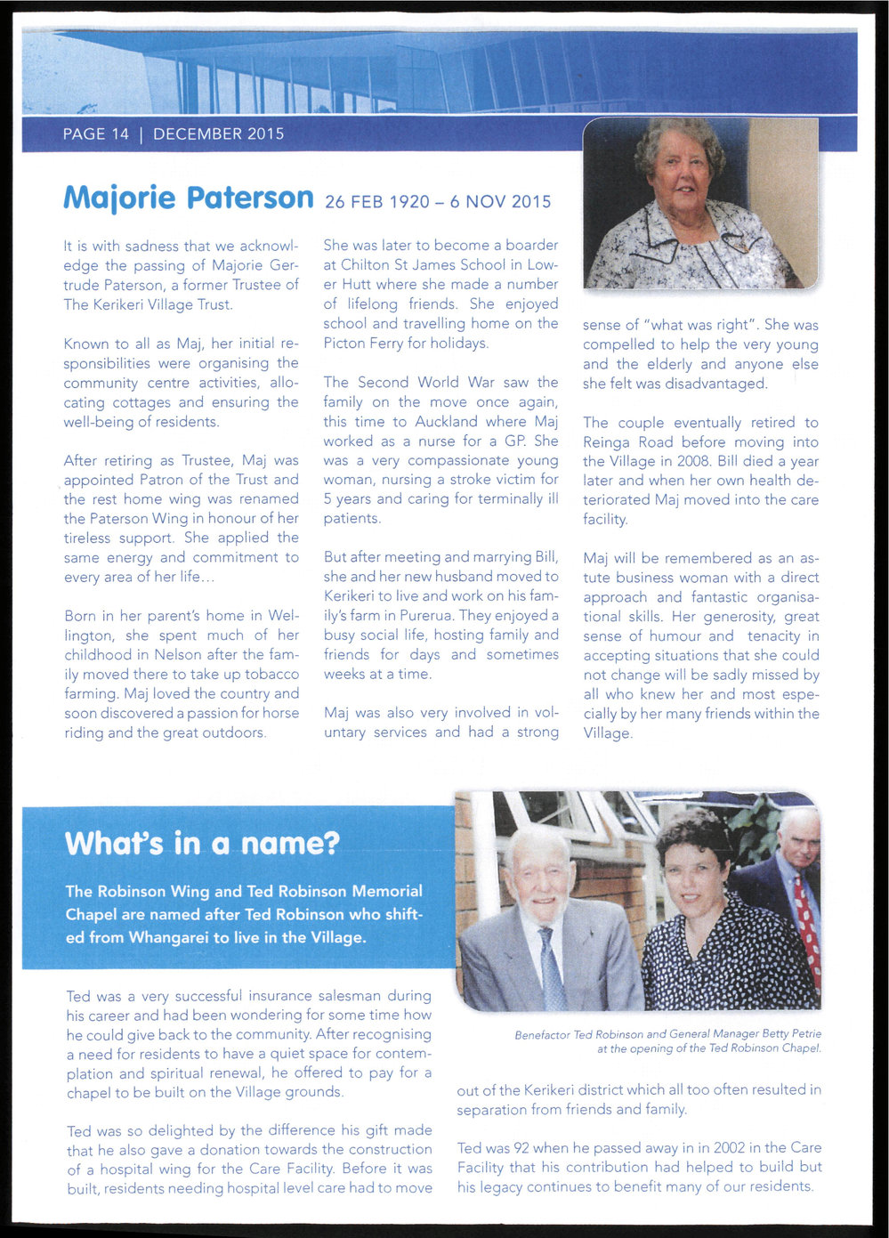 Obituaries of Majorie Paterson and Ted Robinson