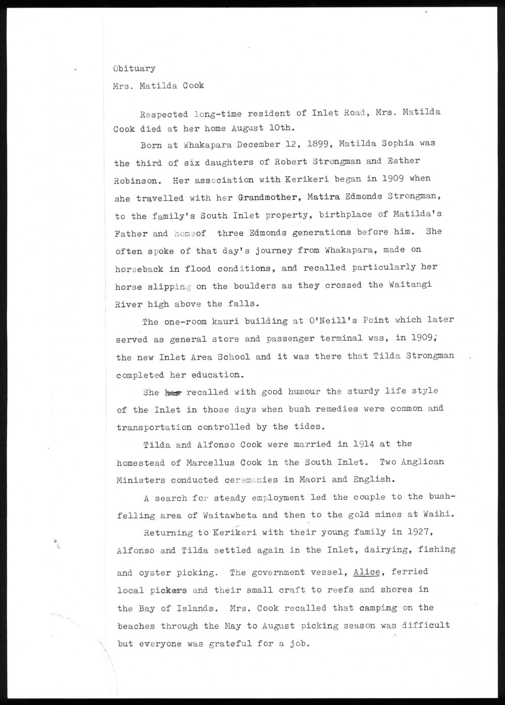 Obituary : Mrs Matilda Cook