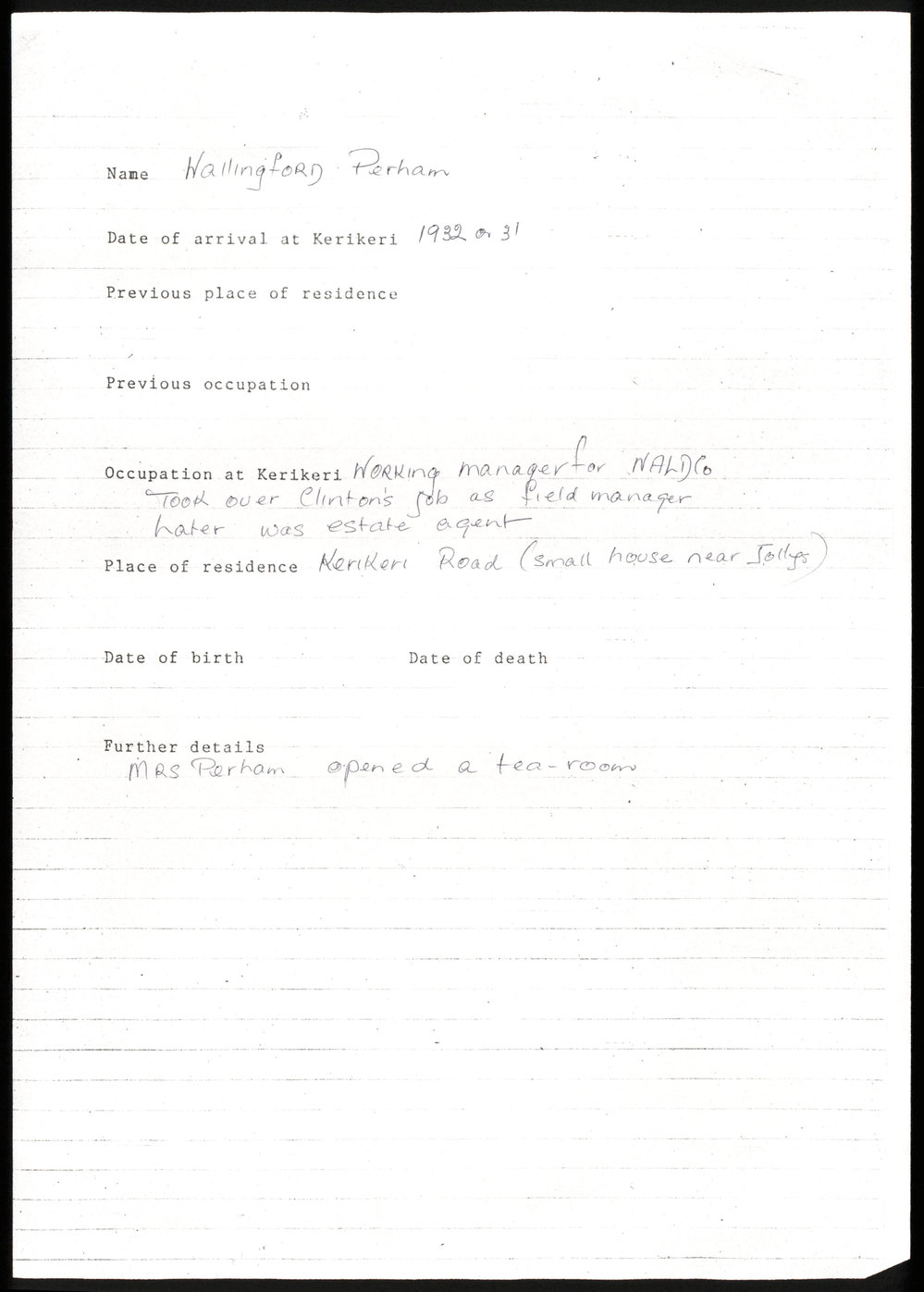 Biographical notes about Wallingford Perham