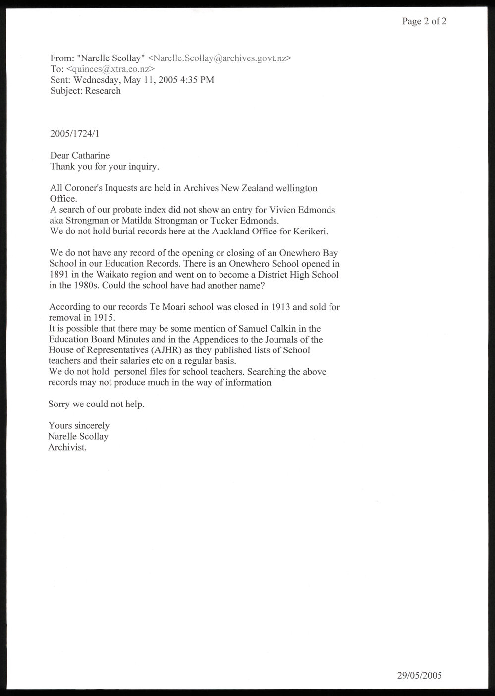 Letter from Narelle Scollay to Catherine Ferguson