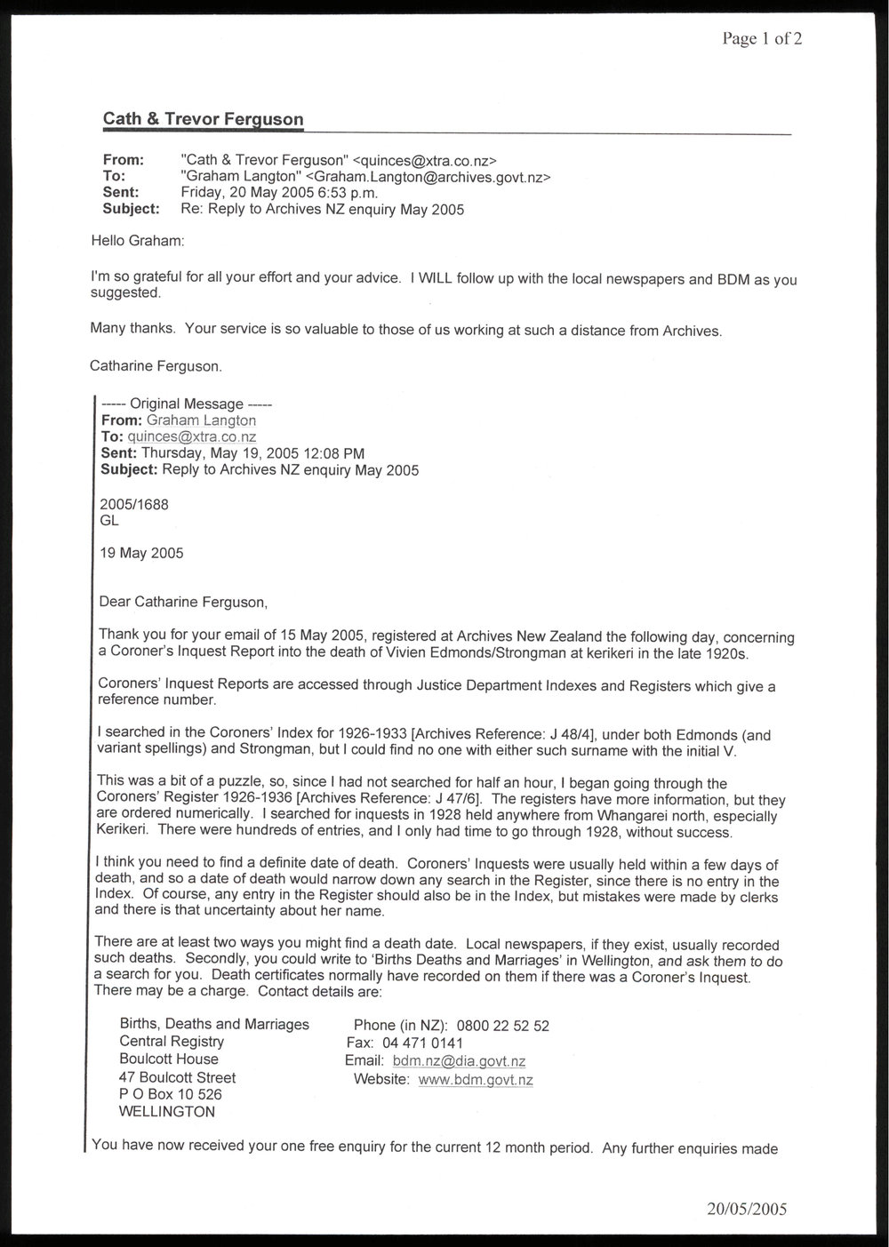 Letter from Catherine Ferguson to Graham Langton, with reply