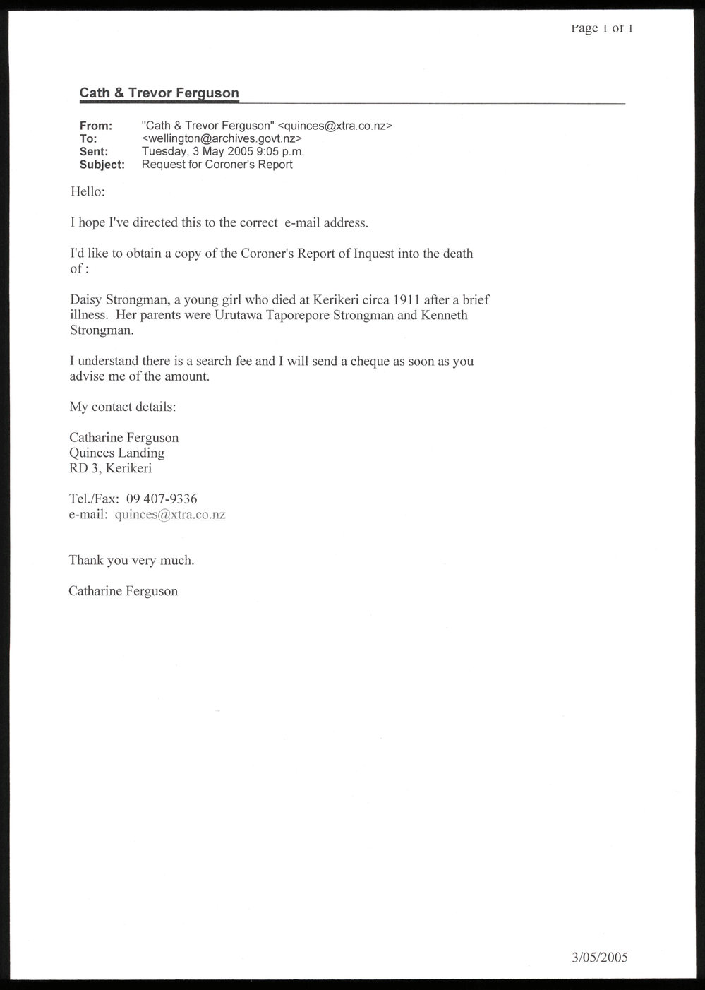 Letter from Catherine Ferguson to Archives New Zealand, with reply