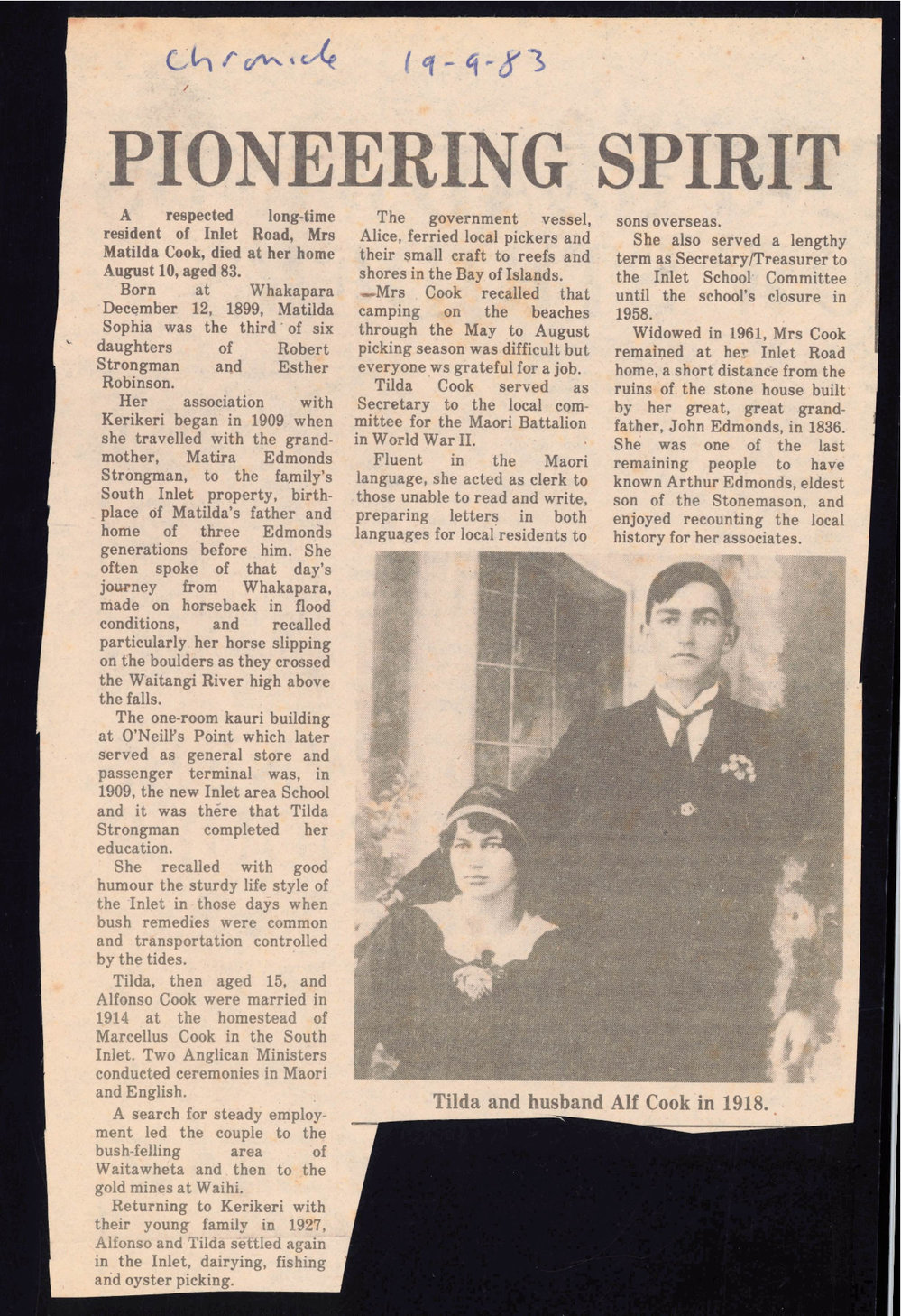 Pioneering Spirit : Obituary of Matilda Sophia Cook