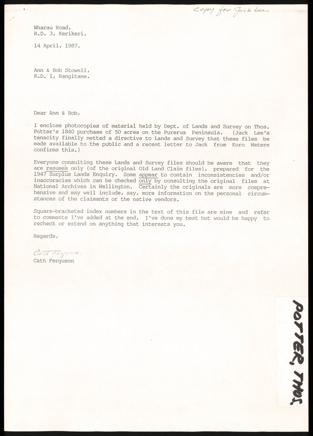 Resum&eacute;s of Lands and Survey files of Thomas Potter
