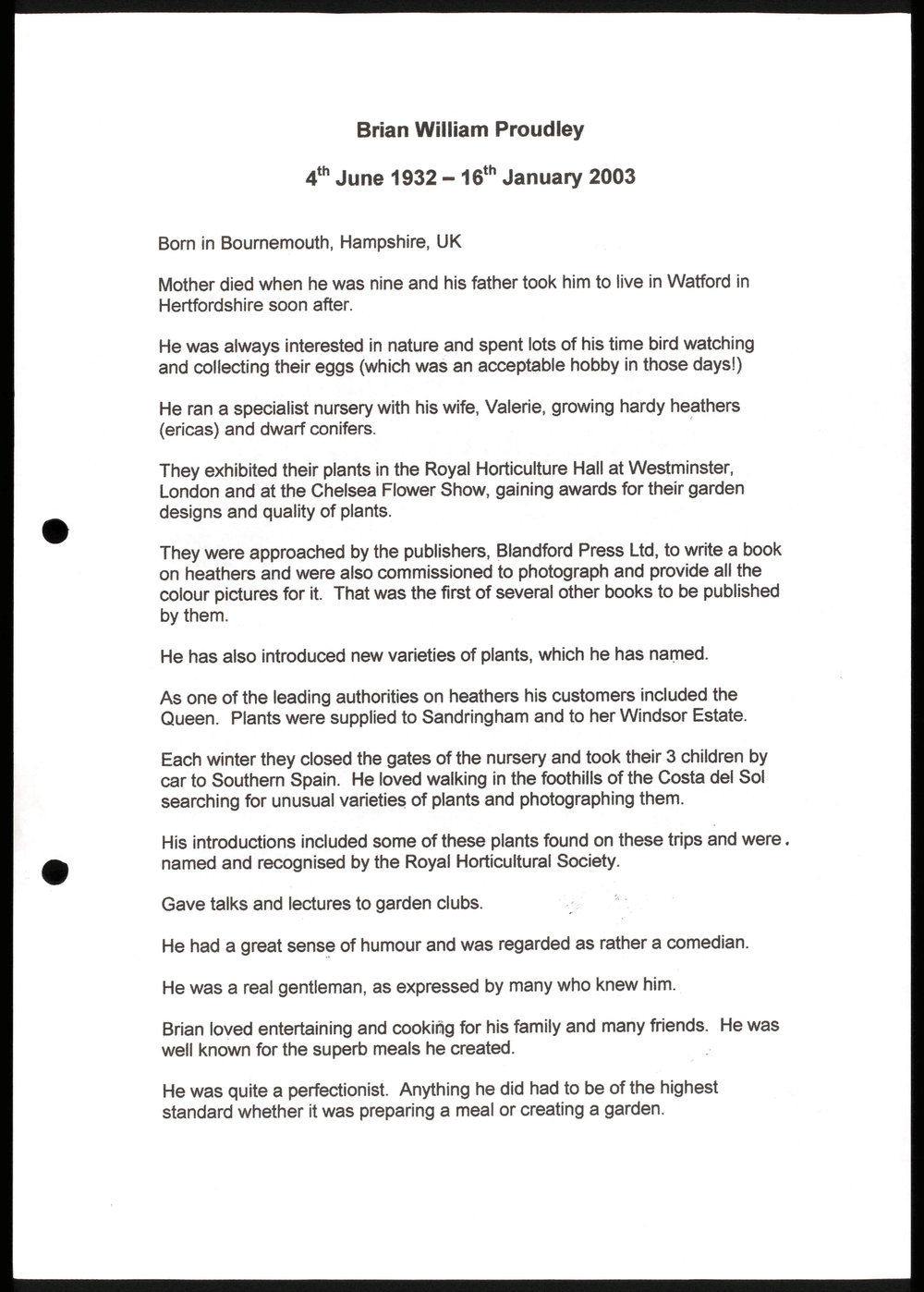 Biographical notes and eulogy of Brian William Proudley