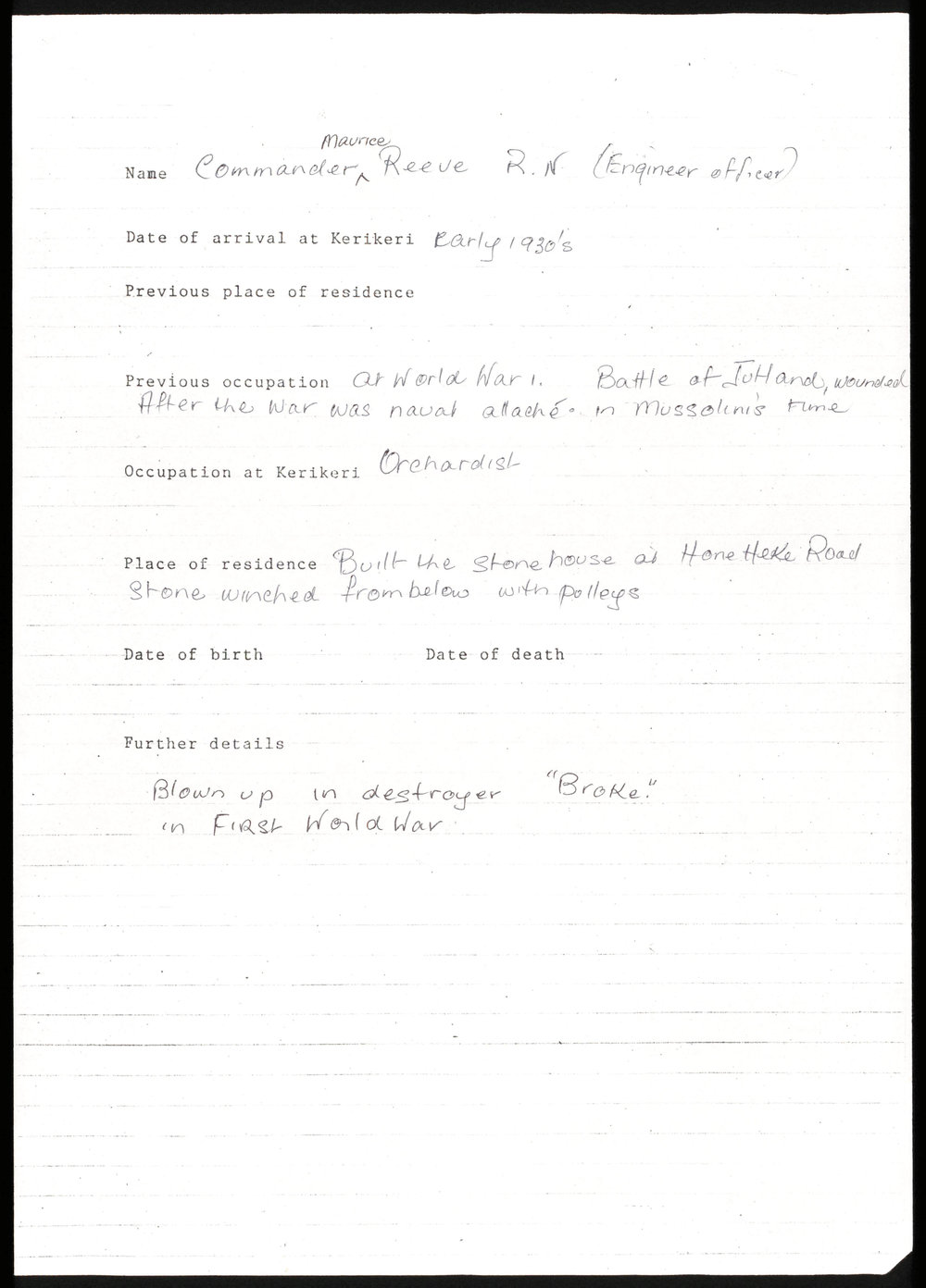 Biographical notes about Maurice Reeve