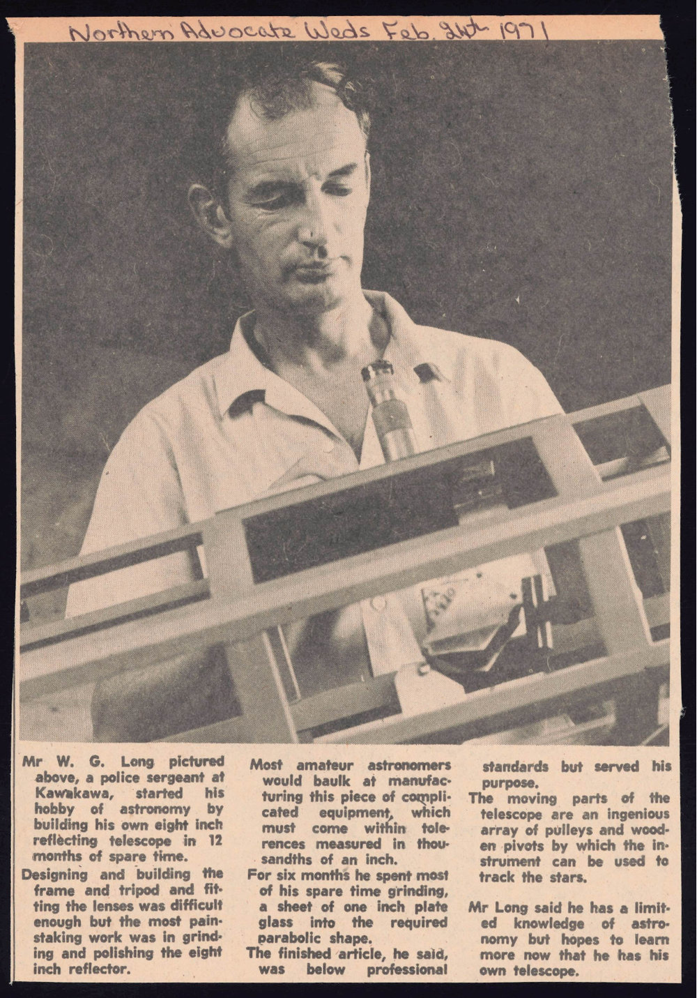 Mr W.G. Long; police sergeant at Kawakawa and his hobby of astronomy