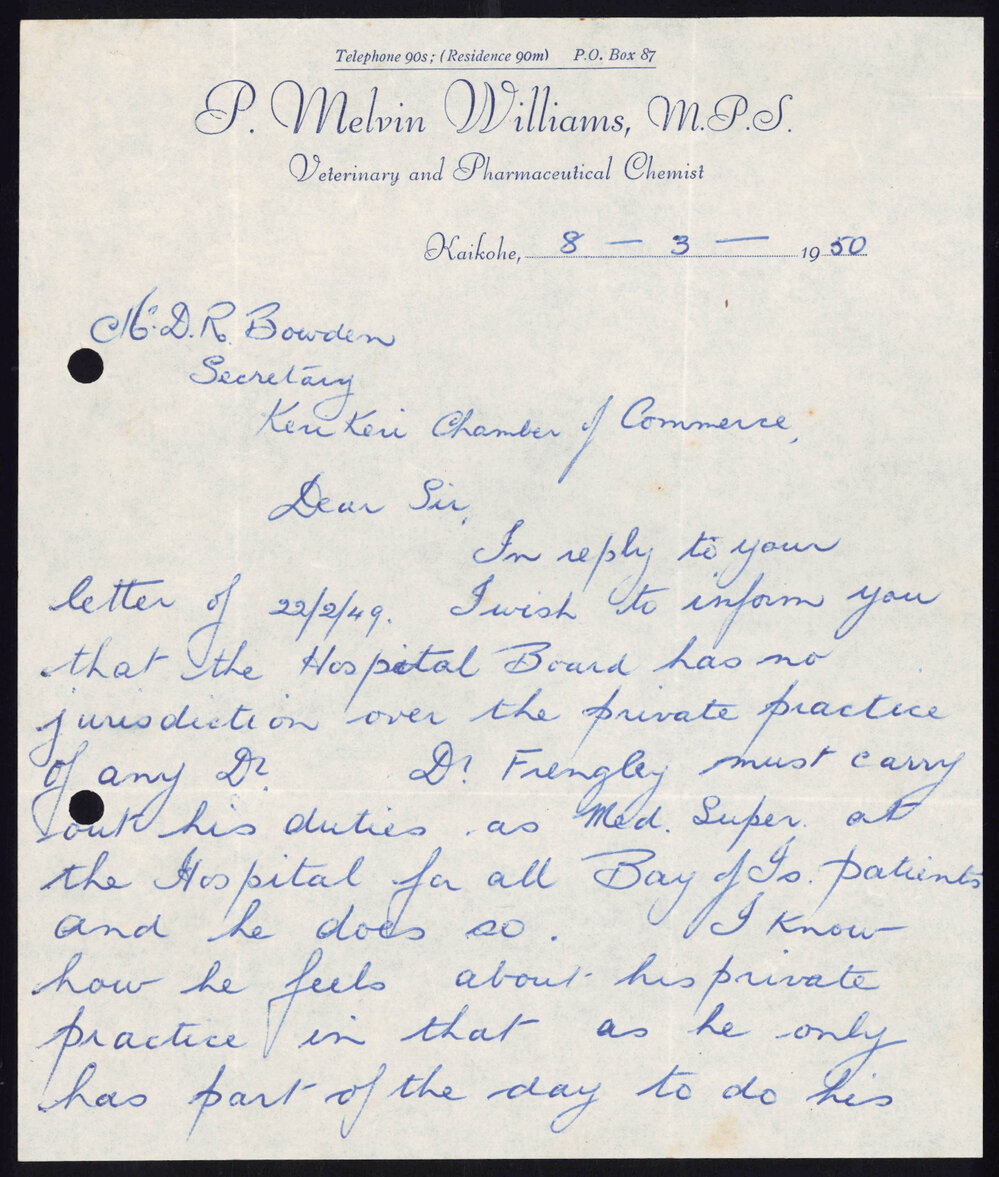 Letter from P. Melvin Williams to D.R. Bowden, The Secetary of the Kerikeri Chamber of Commerce