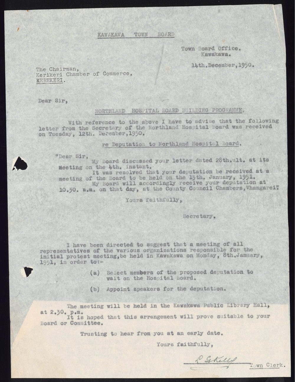 Letter from the Kawakawa Town Board  Clerk to The Chairman, Kerikeri Chamber of Commerce 