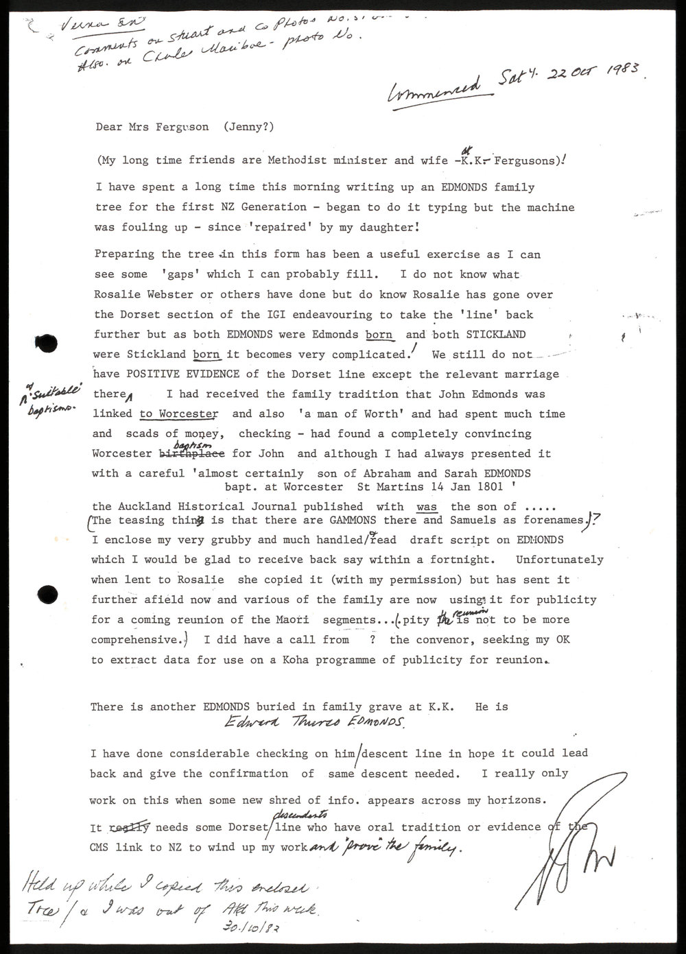 Letters to Catharine Ferguson about the Edmonds family