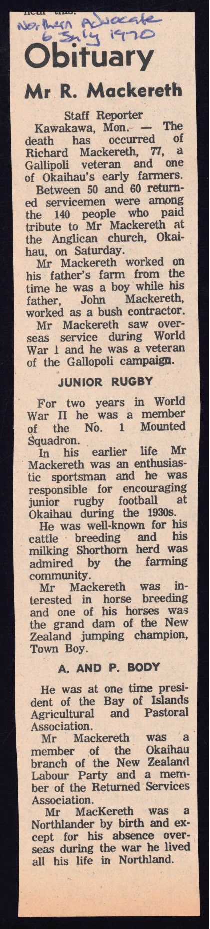 Obituary: Mr R. Mackereth