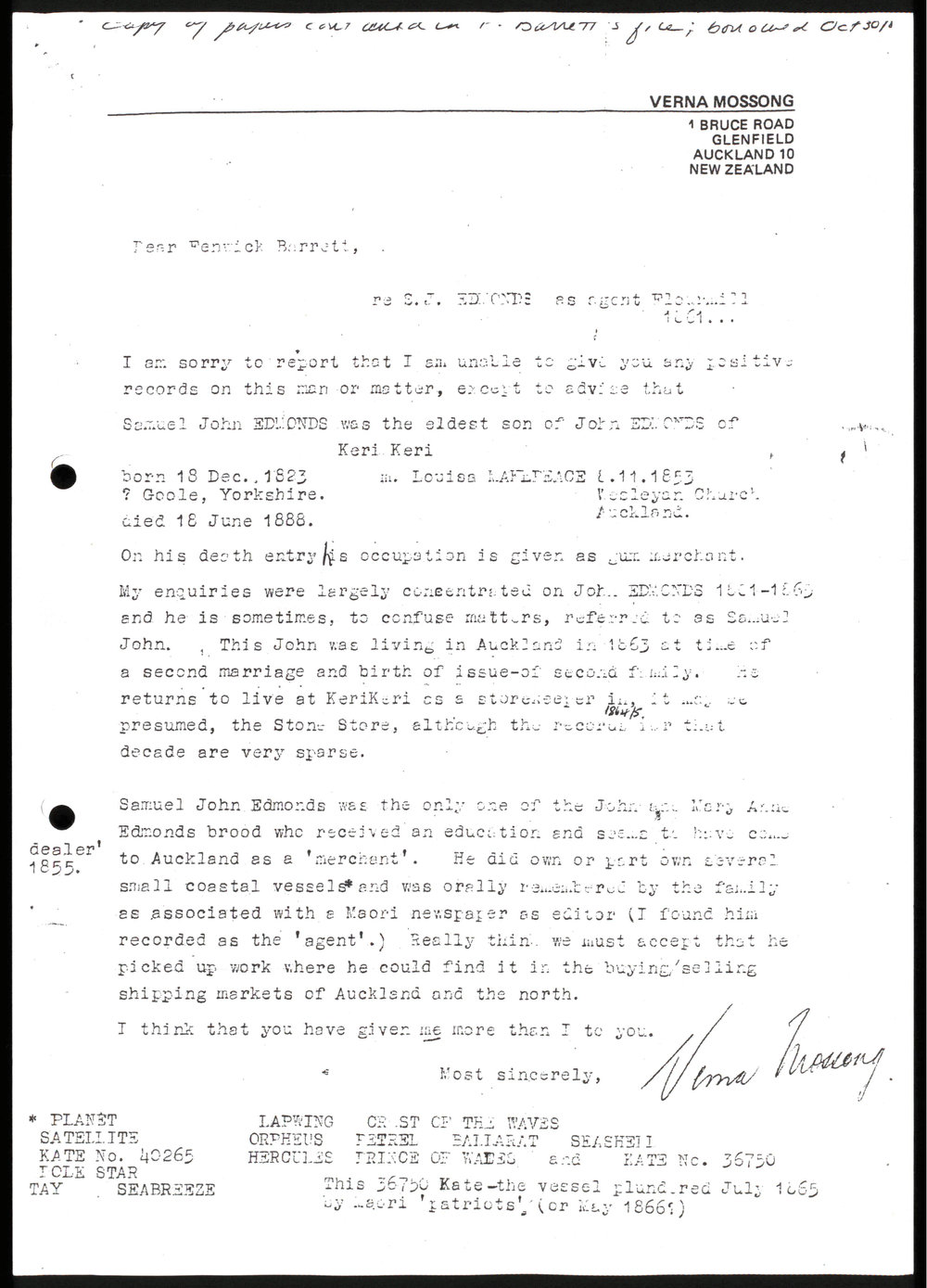 Letters to Fenwick Barrett about Samuel John Edmonds