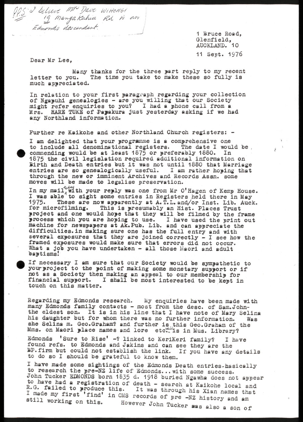 Letters between Jack Lee and Verma Mossong about the Edmonds family