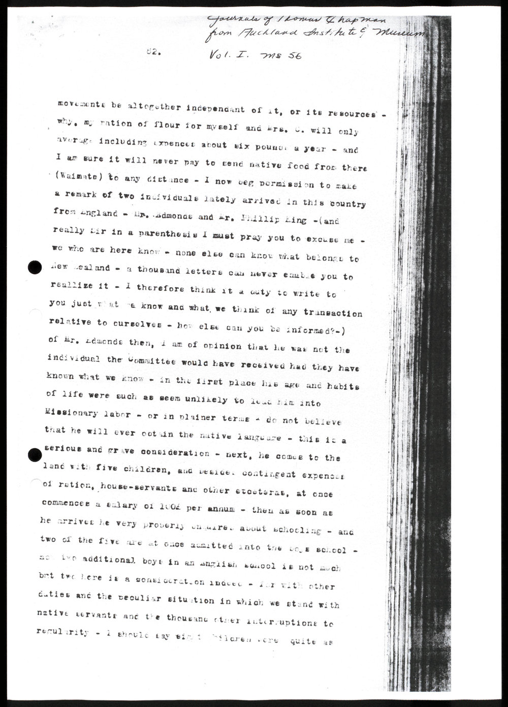 Journals of Thomas Chapman; Vol. I &amp; II; MS 56