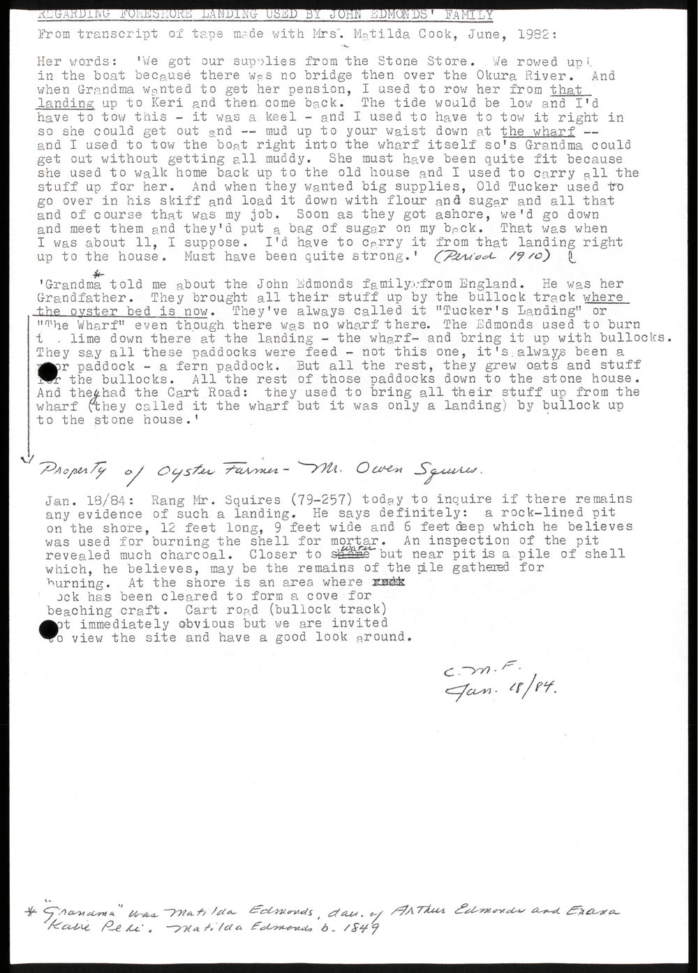 Regarding foreshore landing used by John Edmonds' family