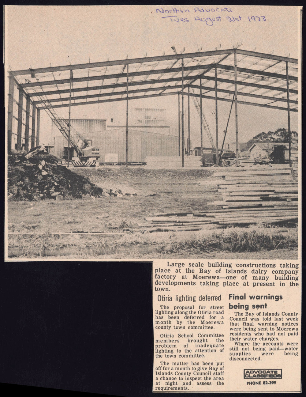 Vandalism rife at Simpson Park: Large scale building at Bay of Islands Dairy Company: Otiria lighting deferred