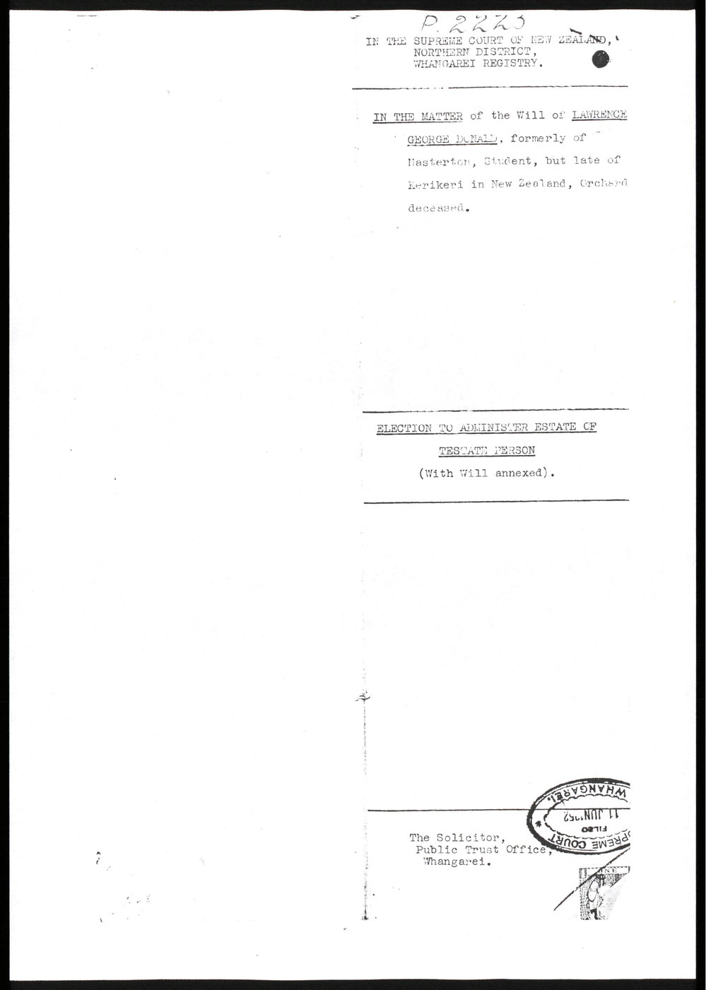 Last will and testament of Lawrence George Donald with Election of Administrator 