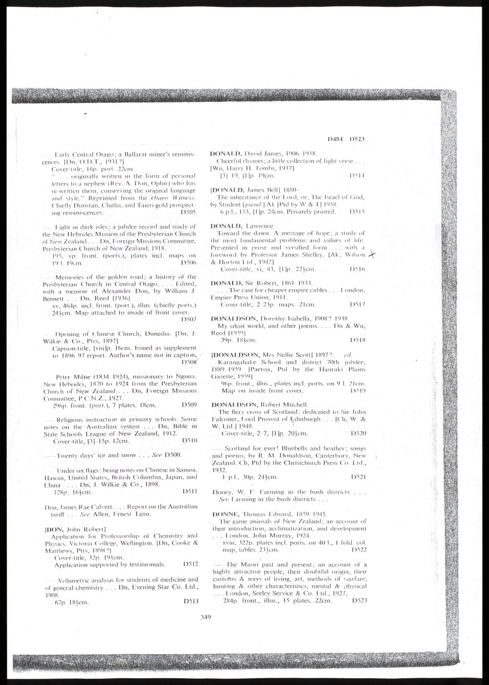 Photocopy from unknown directory with entries about Lawrence Donald's works